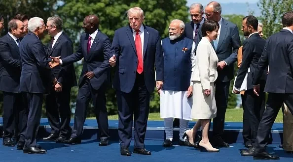 Photograph from a meeting of world leaders, including Donald Trump