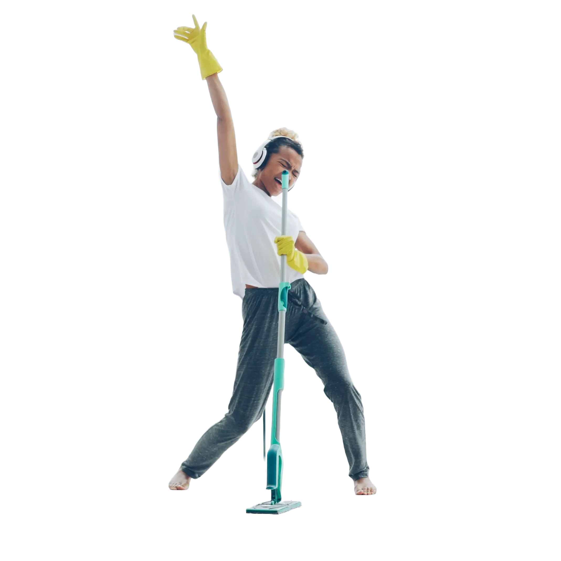 Woman dancing and doing household