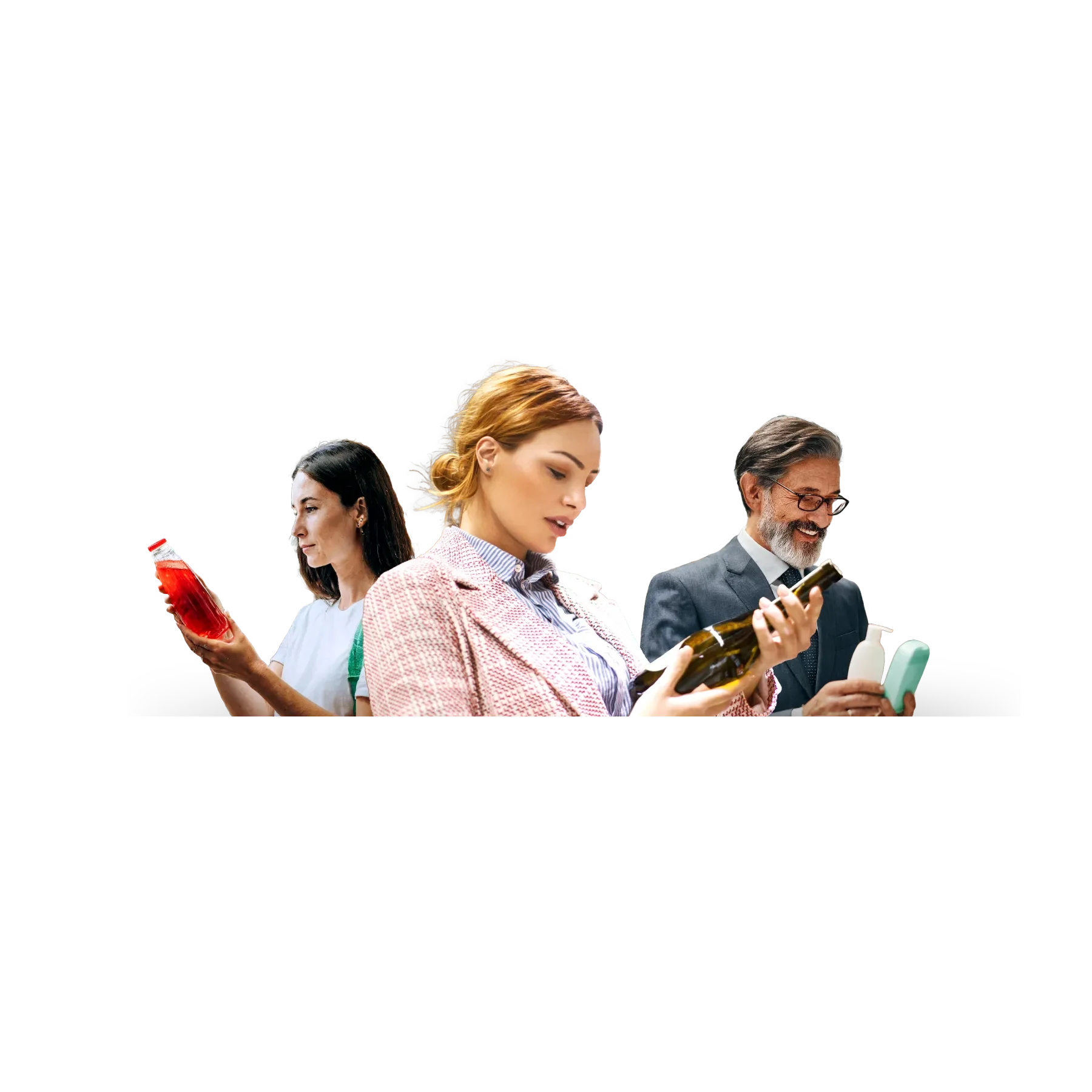 Three shoppers - 2 women and one man, considering individual items in their hands for purcase. Red liquid, bottle of wine, beauty products.