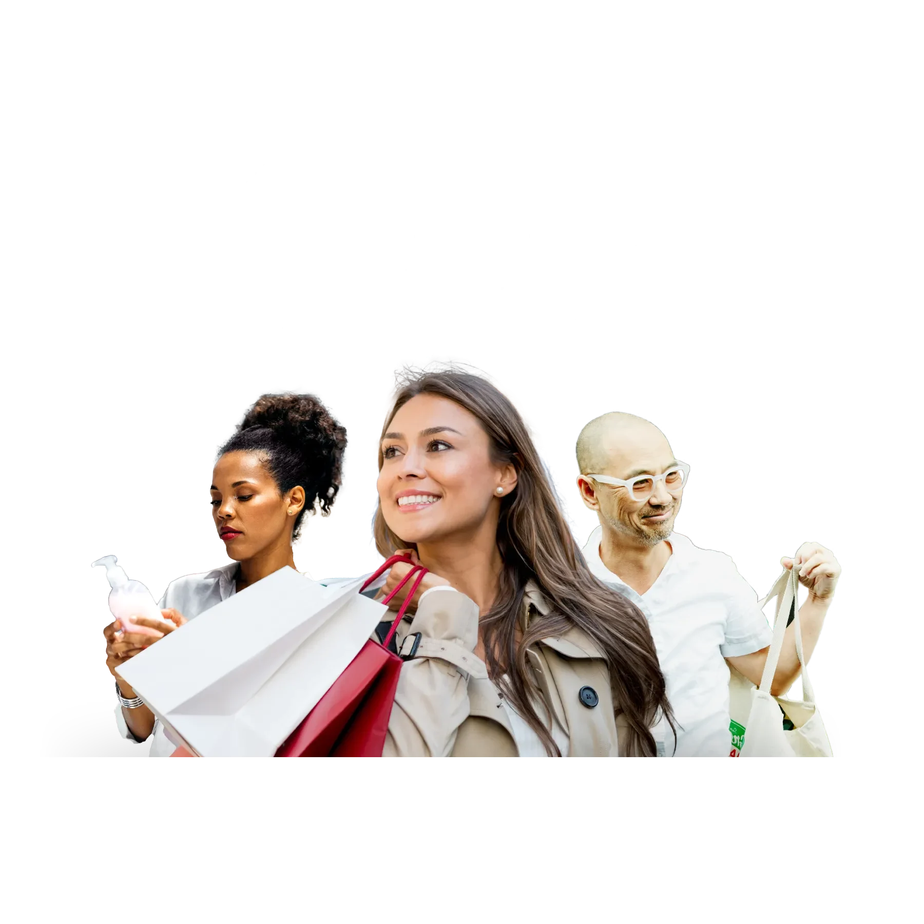 Two women and a man shopping for FMCG goods - a woman selecting a cosmetics bottle, a woman carrying bags of purchases, a man with a tote bag. Icons of shopping trolley, bank card and other images above them.