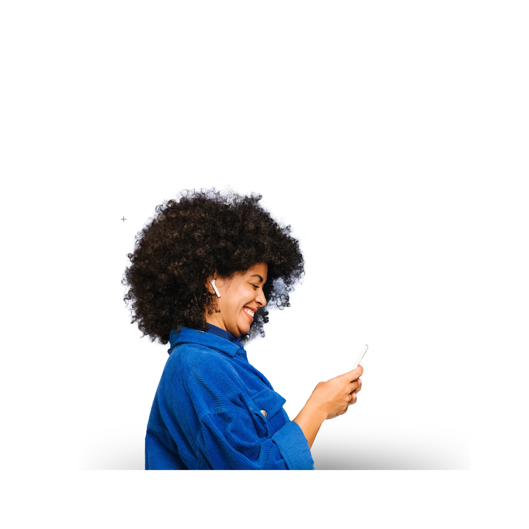 woman with blue flannel and history searches in the background