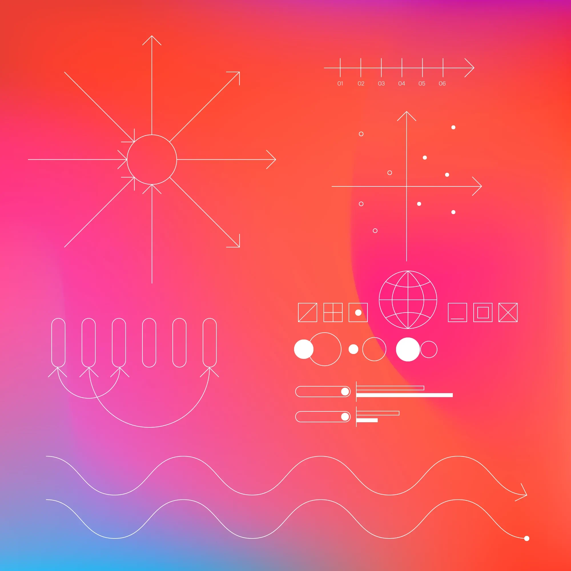 Gradient background showing various formats of datapoints, connected graphs, arrows and targets