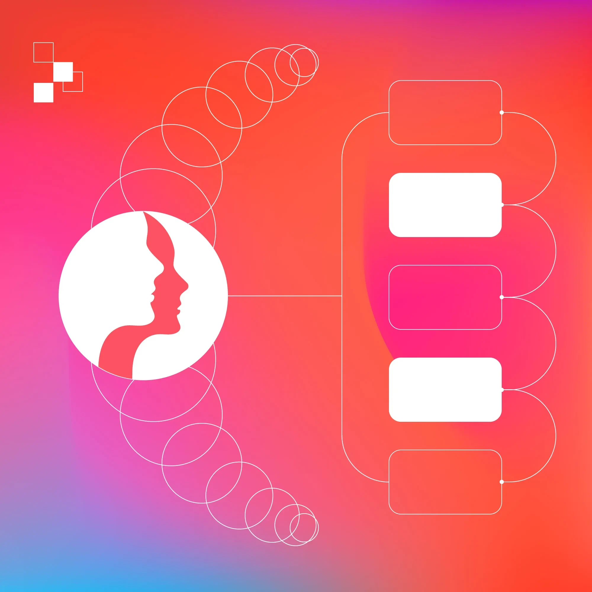 Gradient background showing individual human profile connected to many circles and and steps in a flow chart - reflecting a consumer journey.