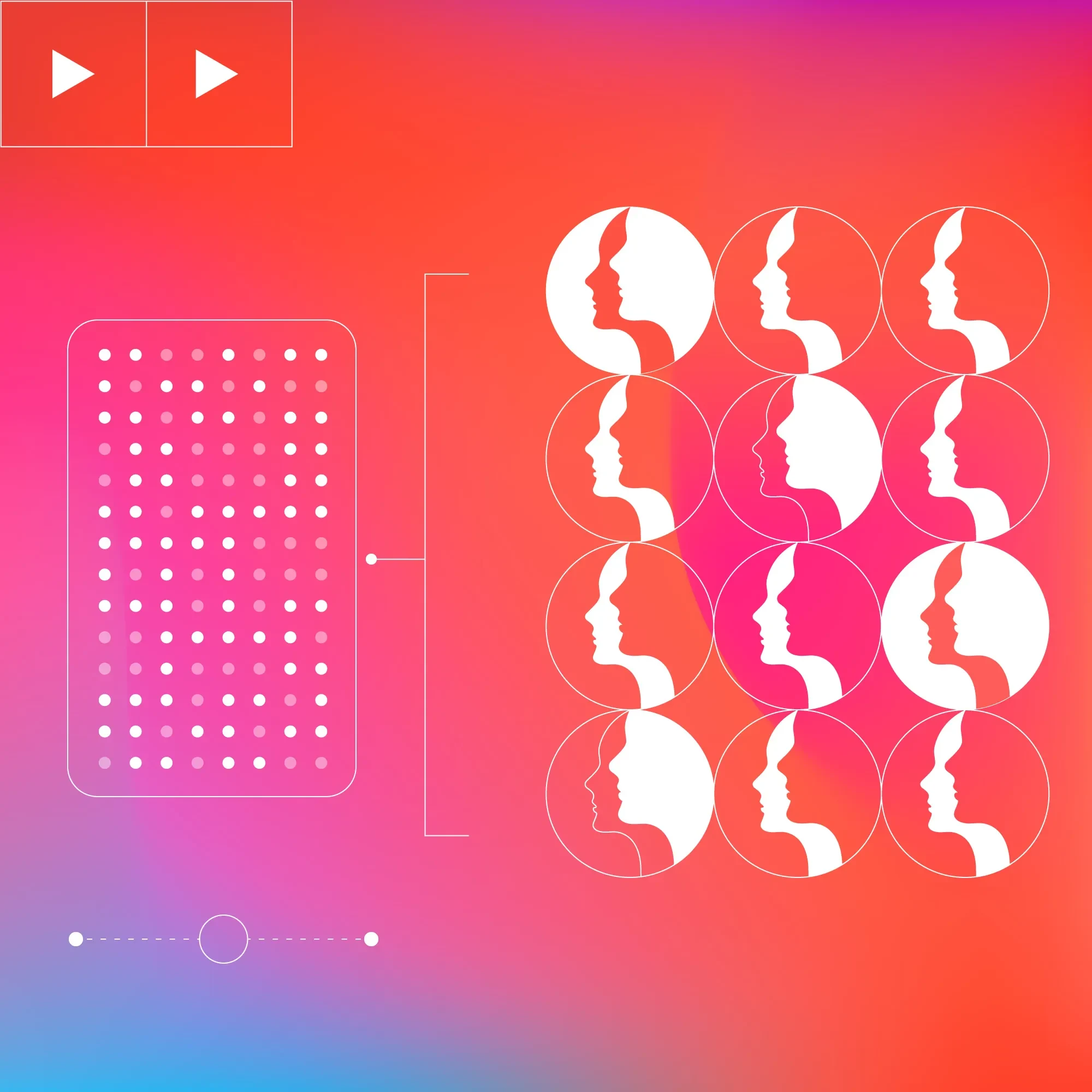 Gradient background showing 12 individual human profiles on the right connected to a wider group of data points reflected by dots – suggesting targeting specific audiences.