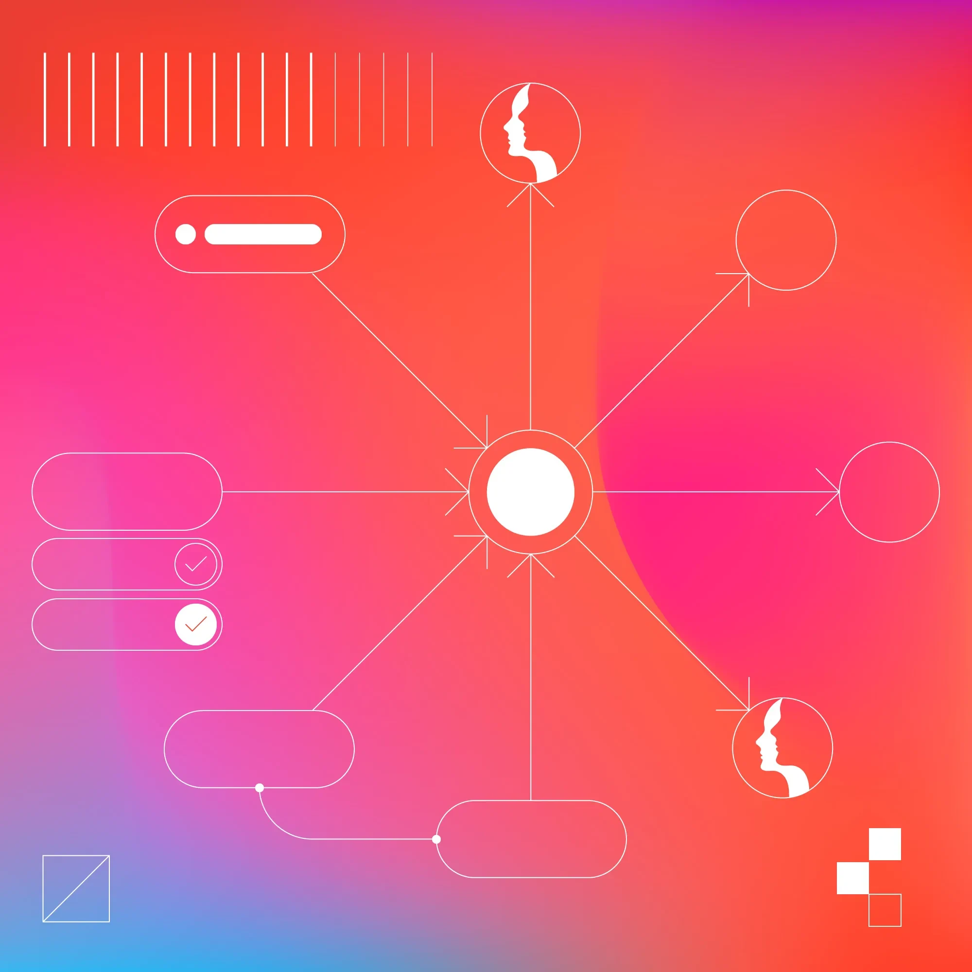 Gradient background showing individual circle or datapoint connected to a datapoints reflecting survey questions, search queries, conversation and other types of human behavioural data.