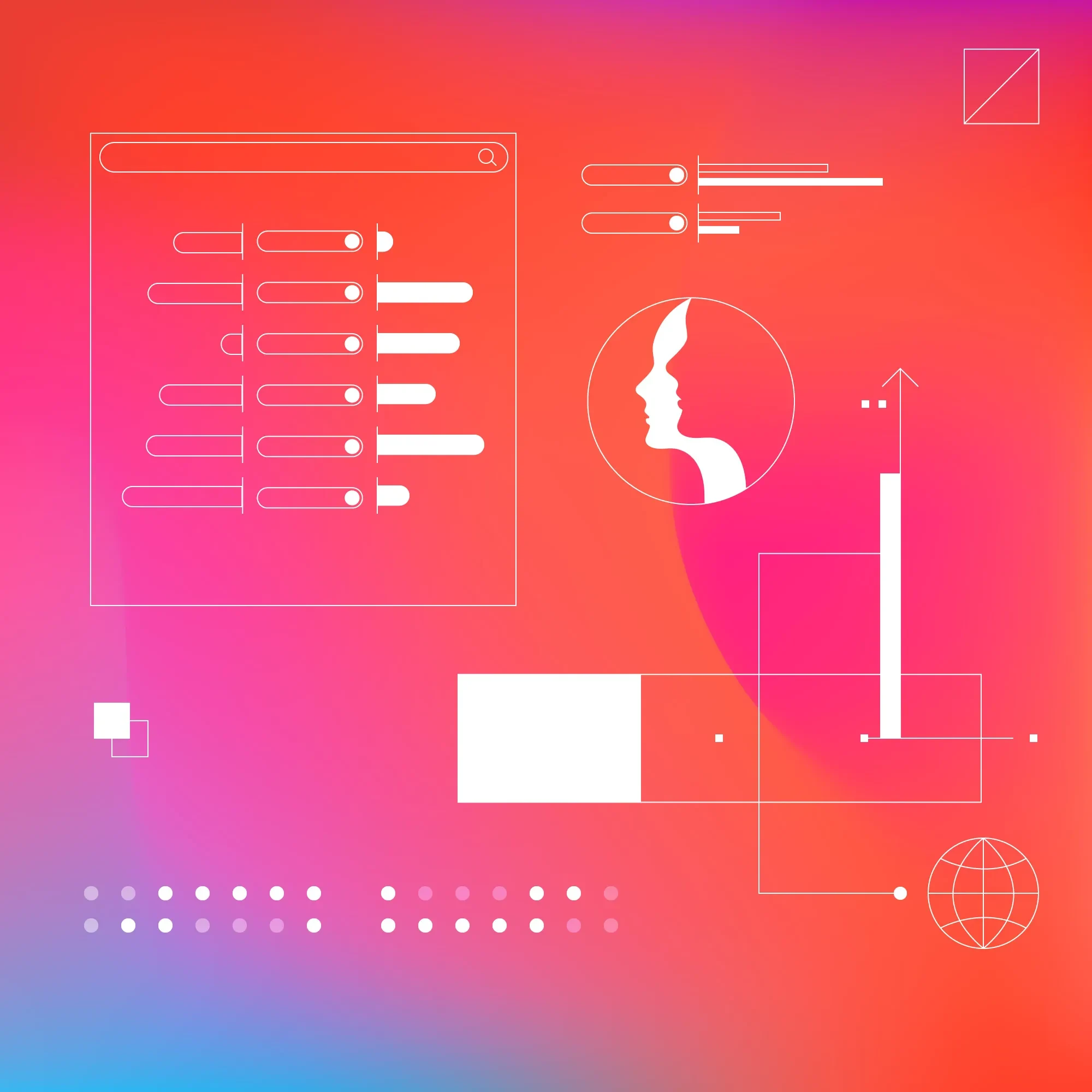 Gradient background showing individual human profile connected to datapoints and a series of survey questions. An internet symbol connected to line graphs reflecting tracking online.