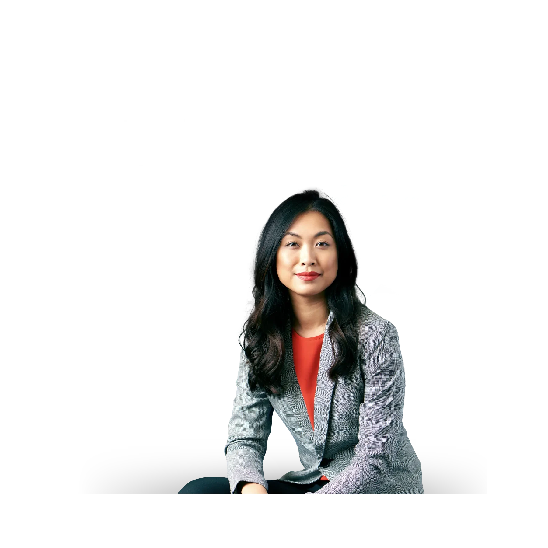 woman with long dark hair and research results in background