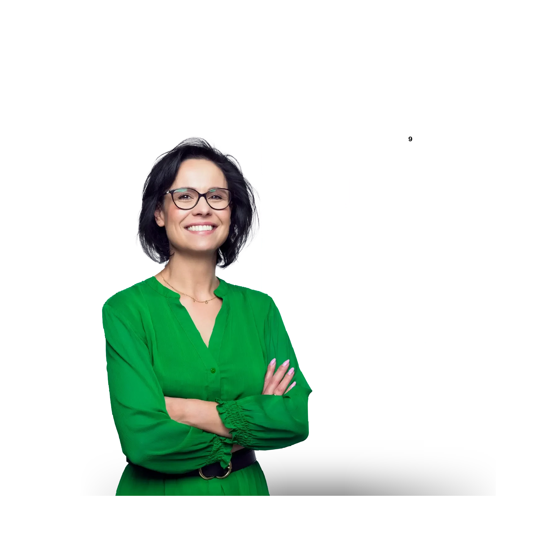 woman with short dark hair, glasses and insights in the background