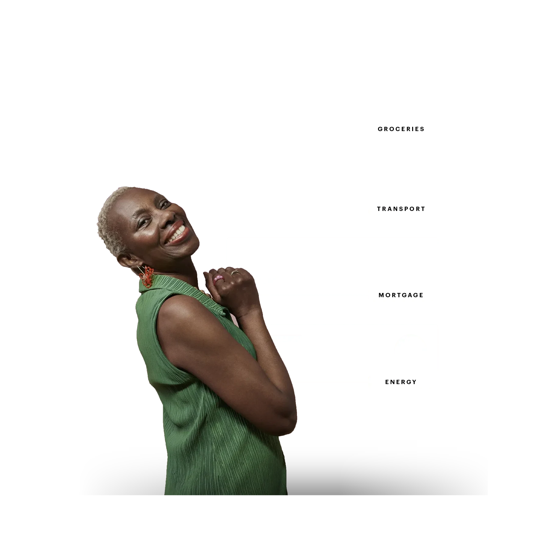 older woman with gray hair and financial transaction data in the background