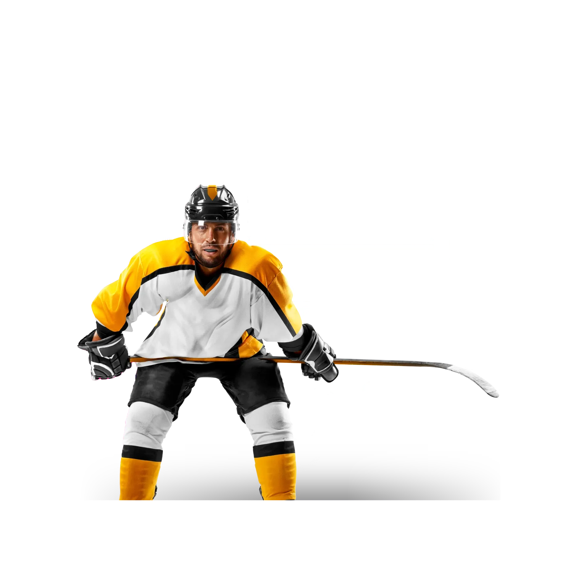 a hokey player, dressed in his equipment and a survey question behind him