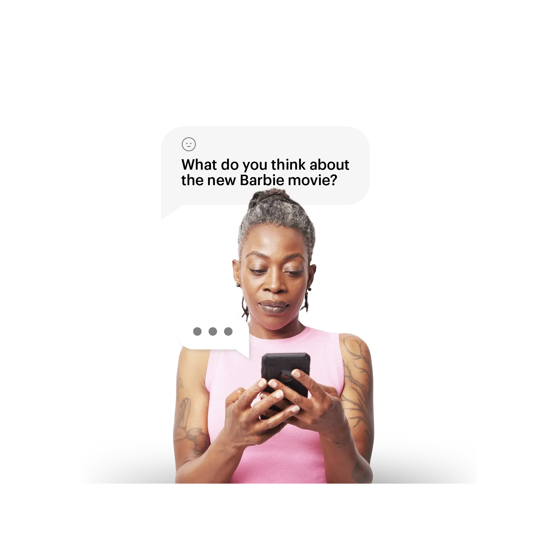 older lady with gray hair and a message in the background