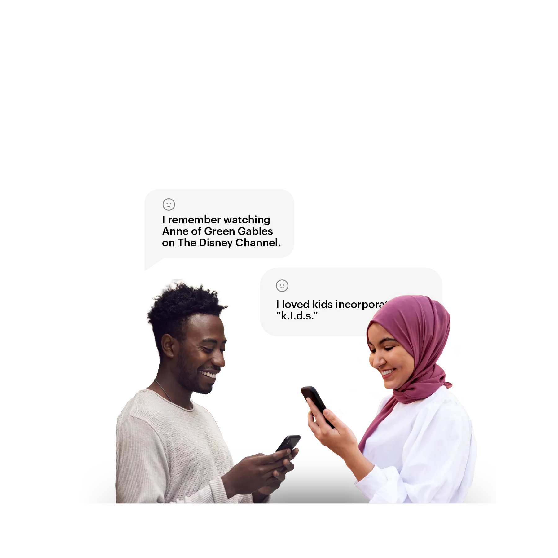 Man and woman with their texts in the background