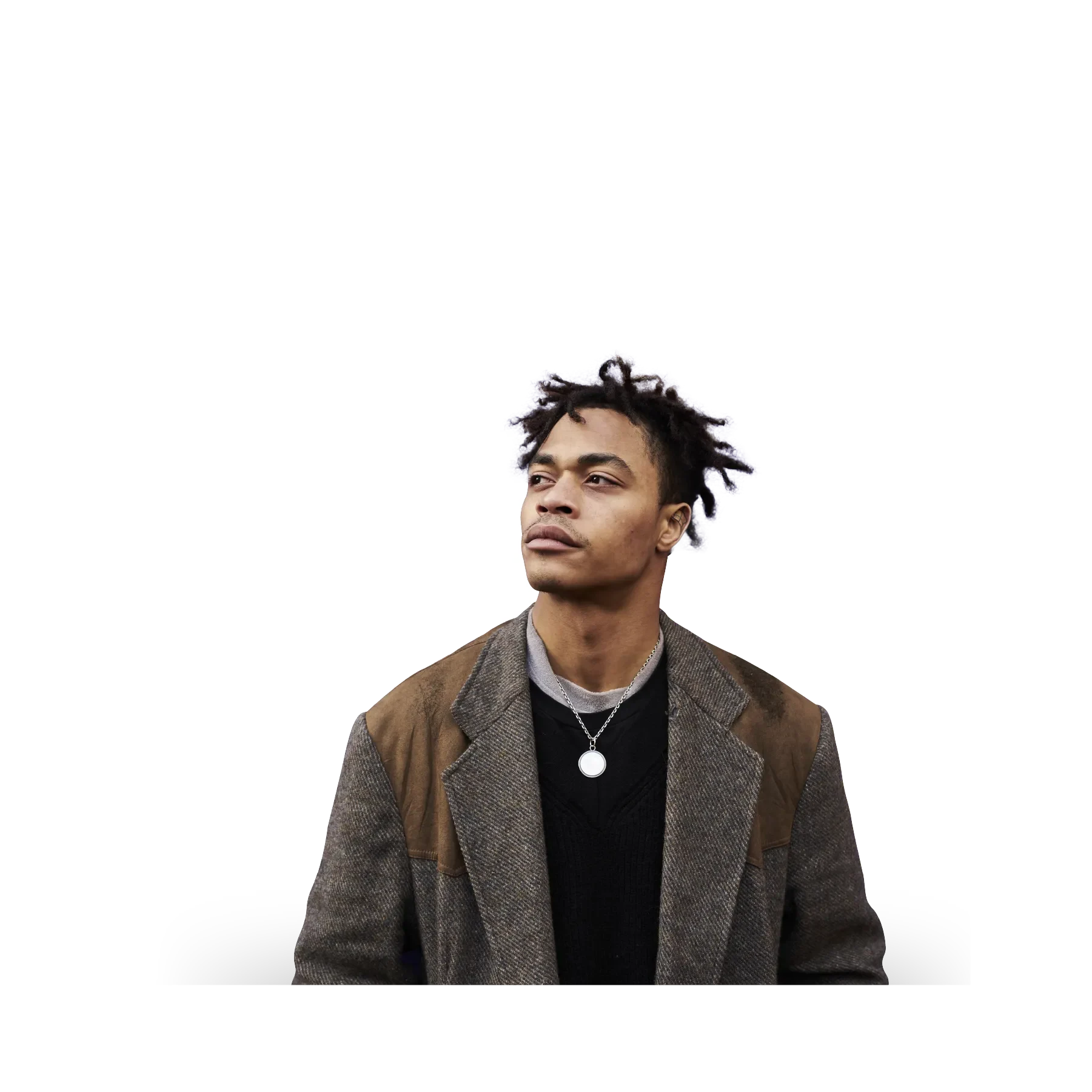 young man with dreadlocks and information in the background