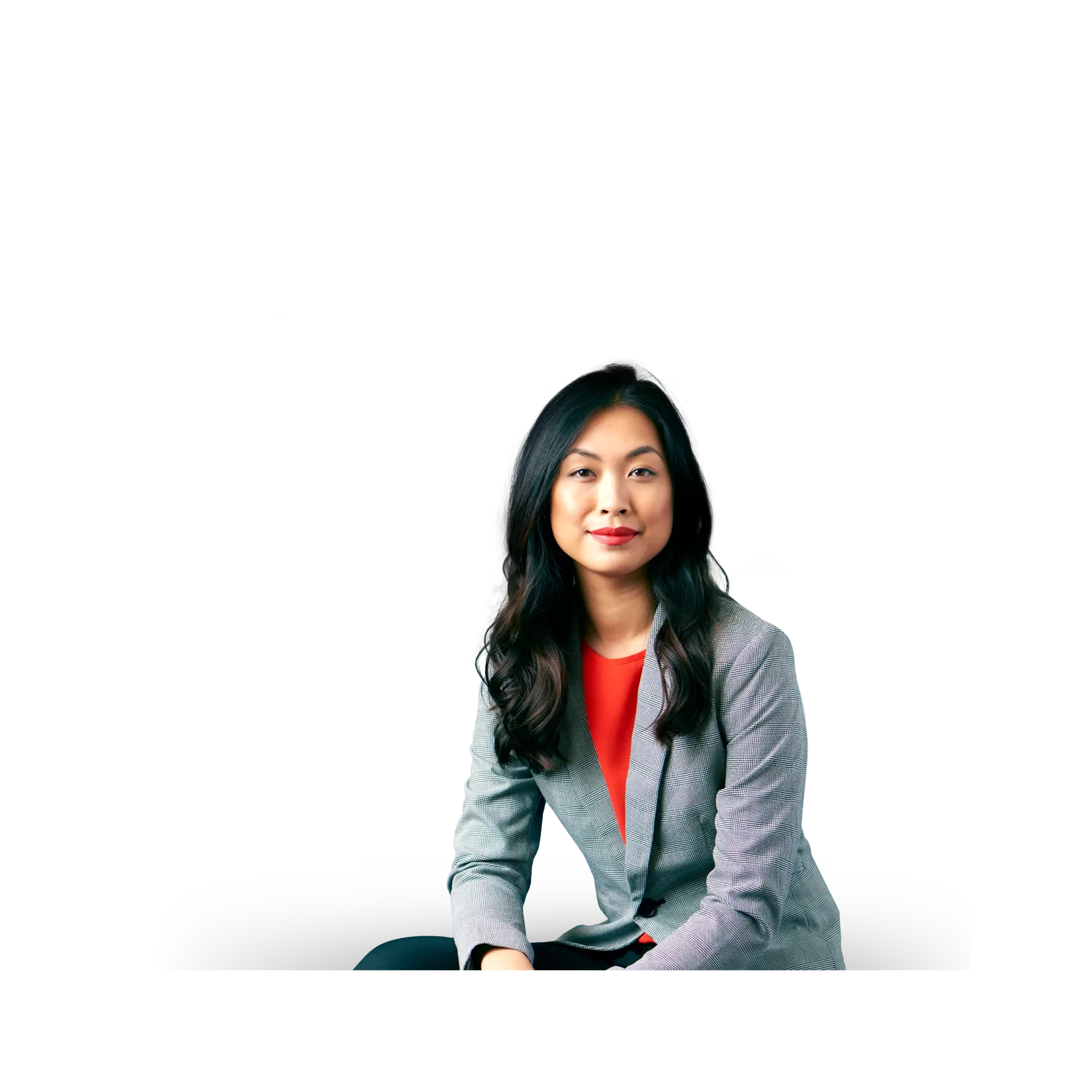 woman with long dark hai and research results in background