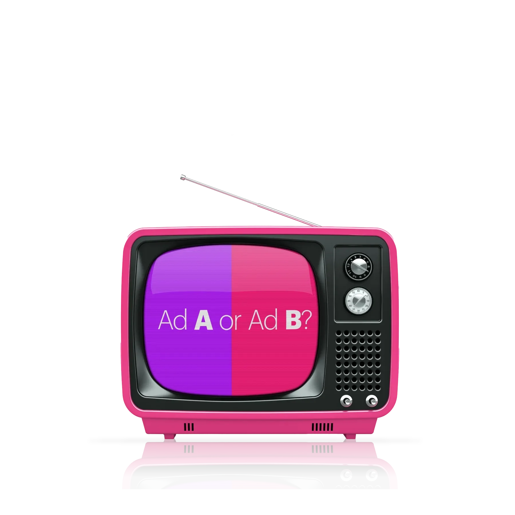 old school pink TV with 2 ads and related icons in the background
