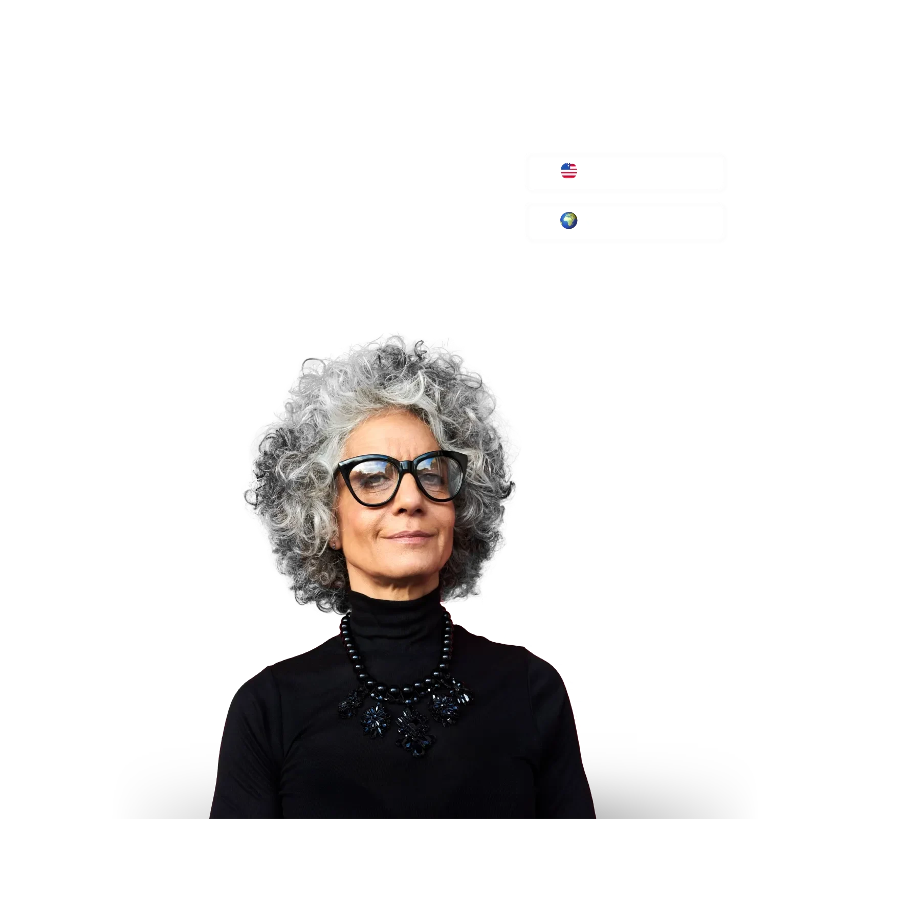 older lady with grey curly hair and target market insights behind