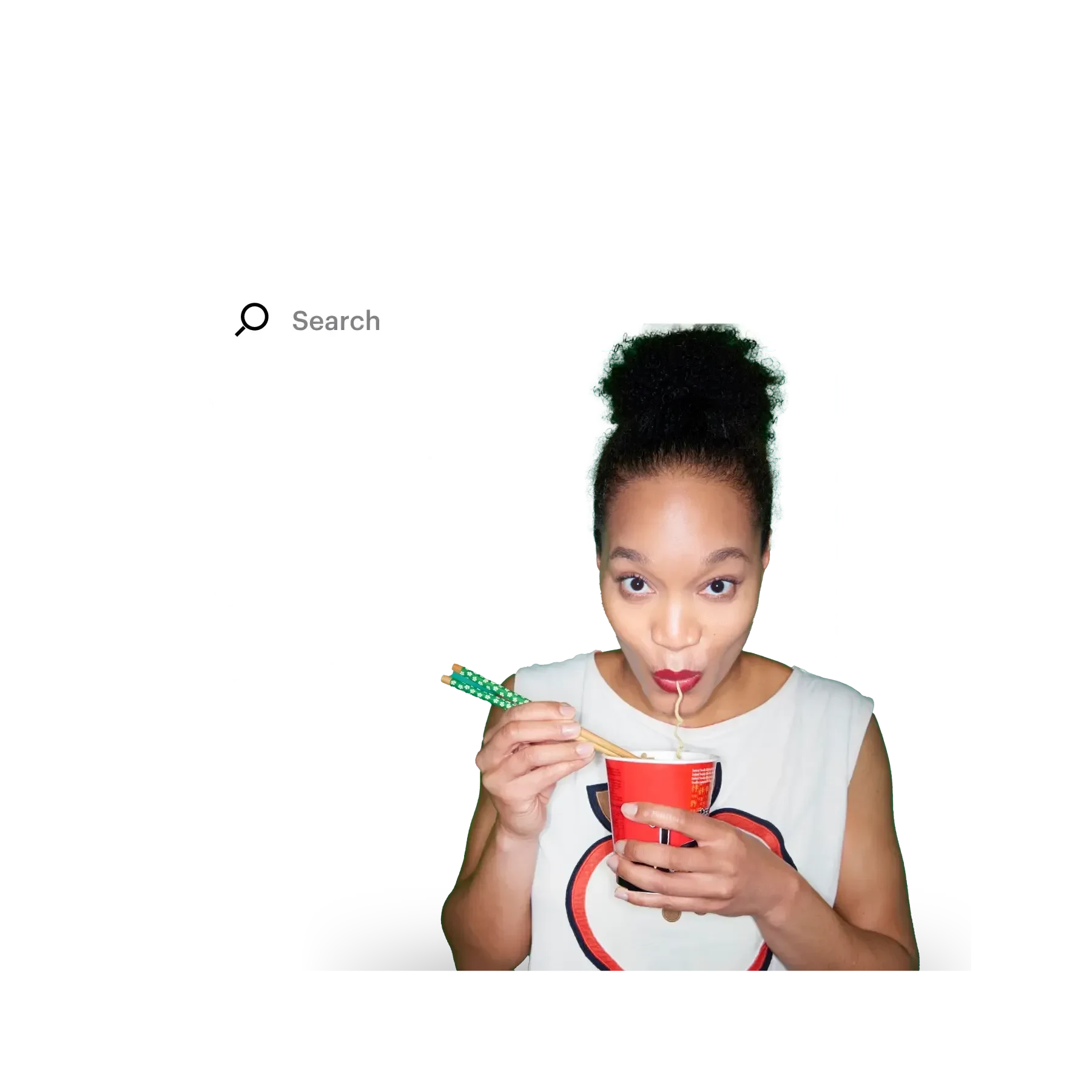 woman eating noodles with food survey insights in the background