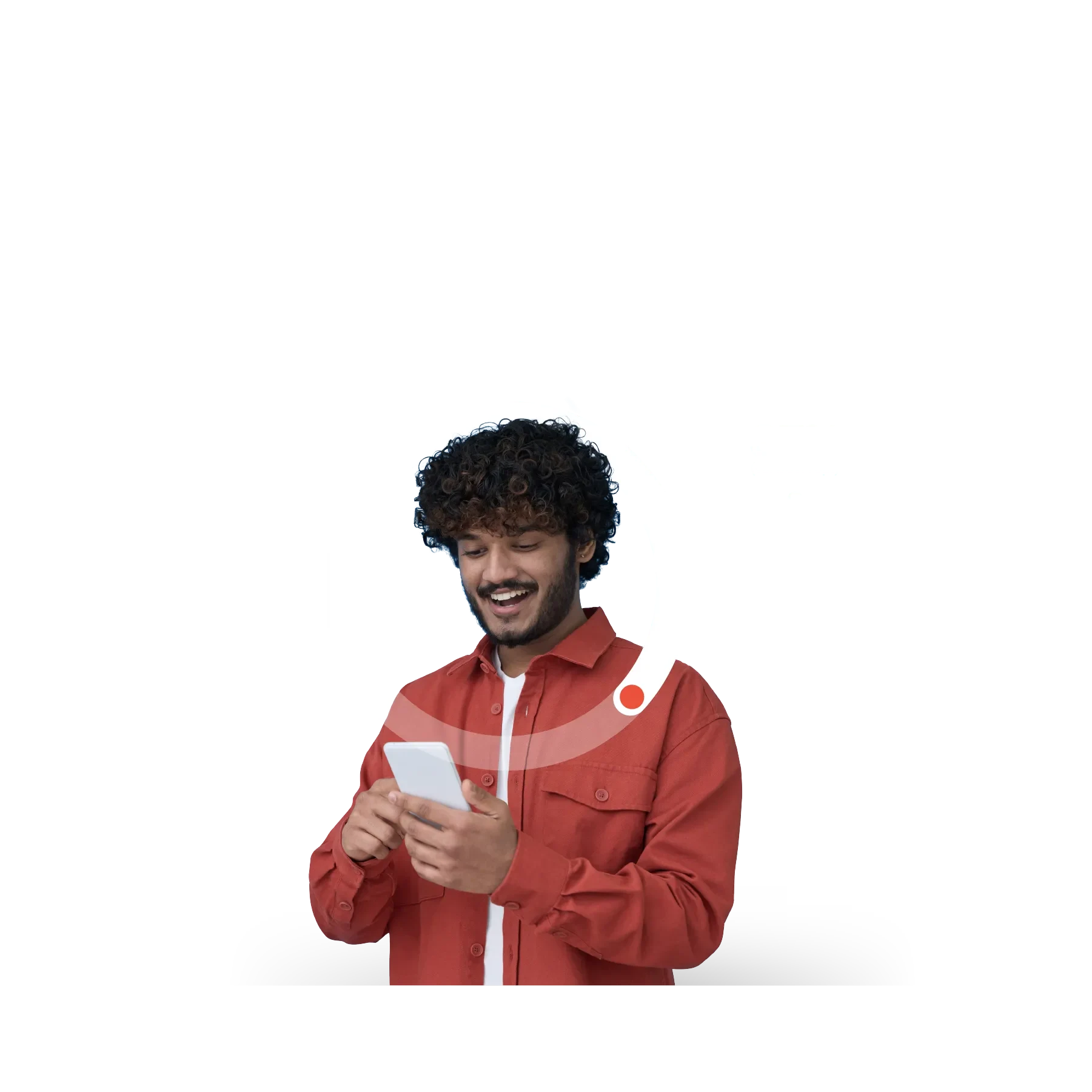 Mann mit roter Jacke und gelockten Haaren mit Grafik im Hintergrund