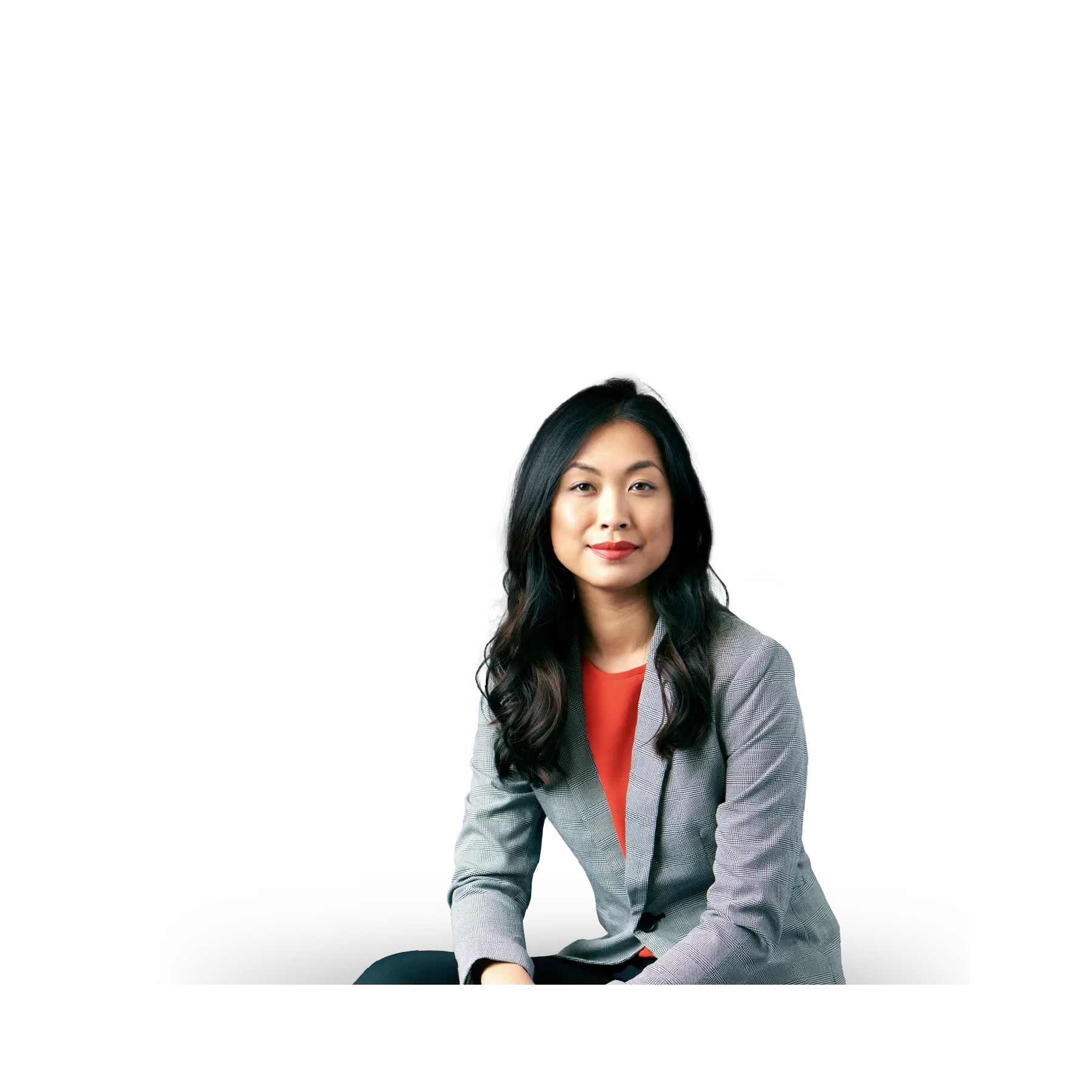 woman with grey blazer and research results in the background