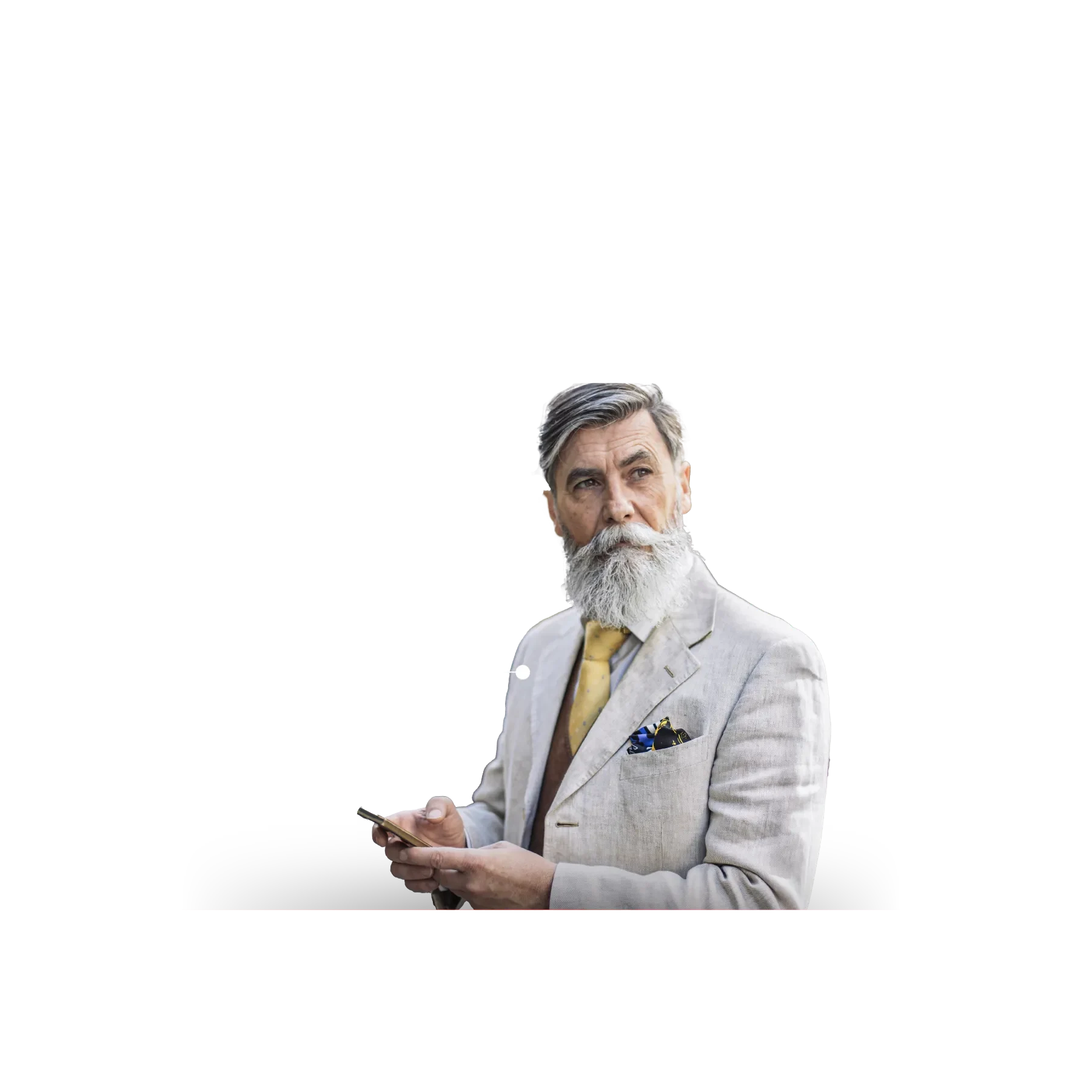 older man in suit with demographic data in background