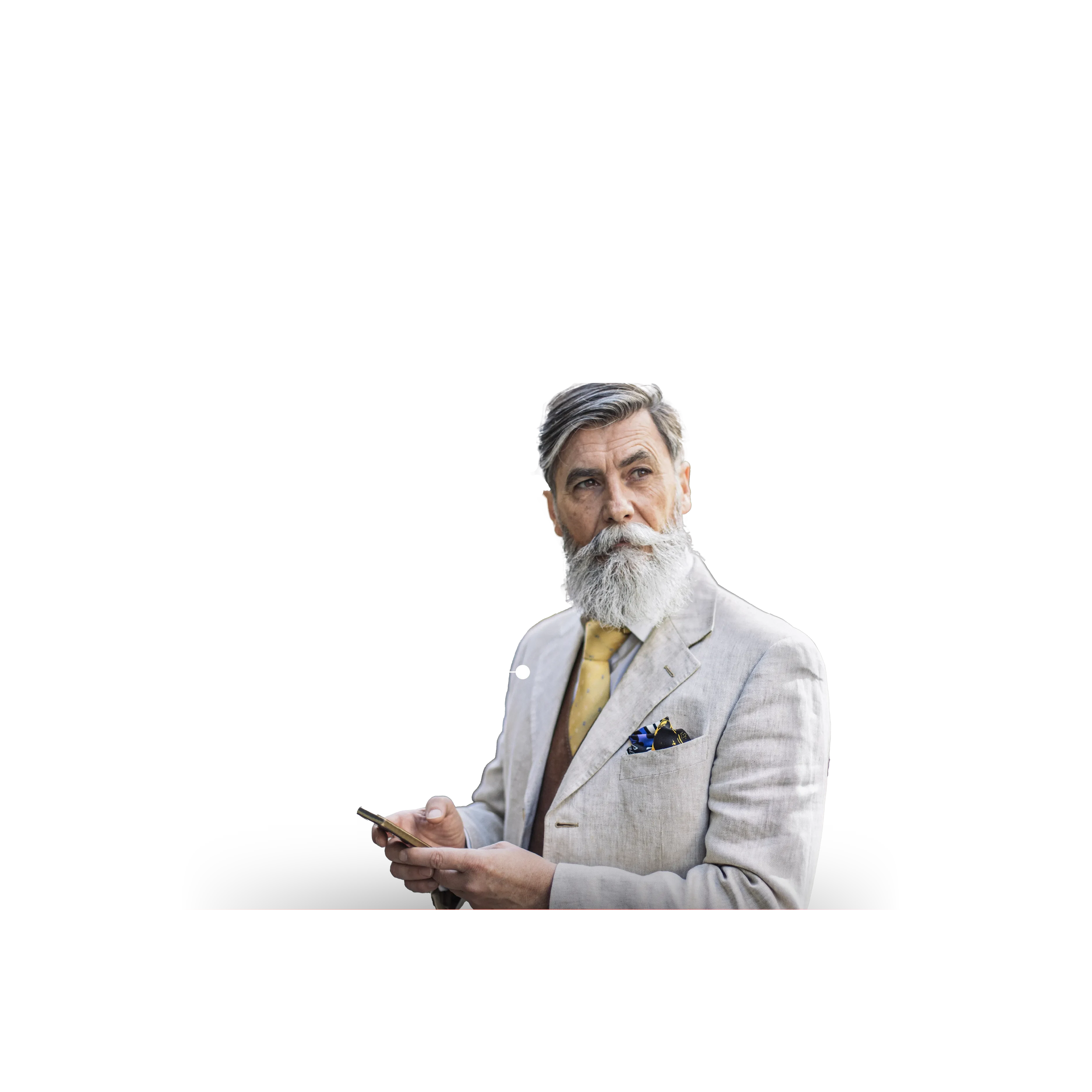 older man in suit with demographic data in background