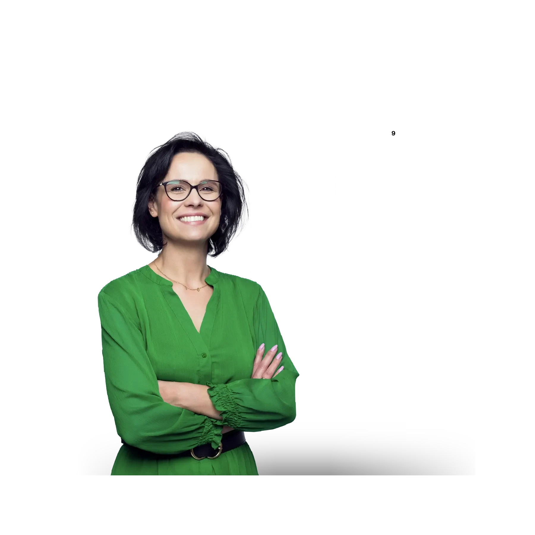 woman with green dress and customer information in the background