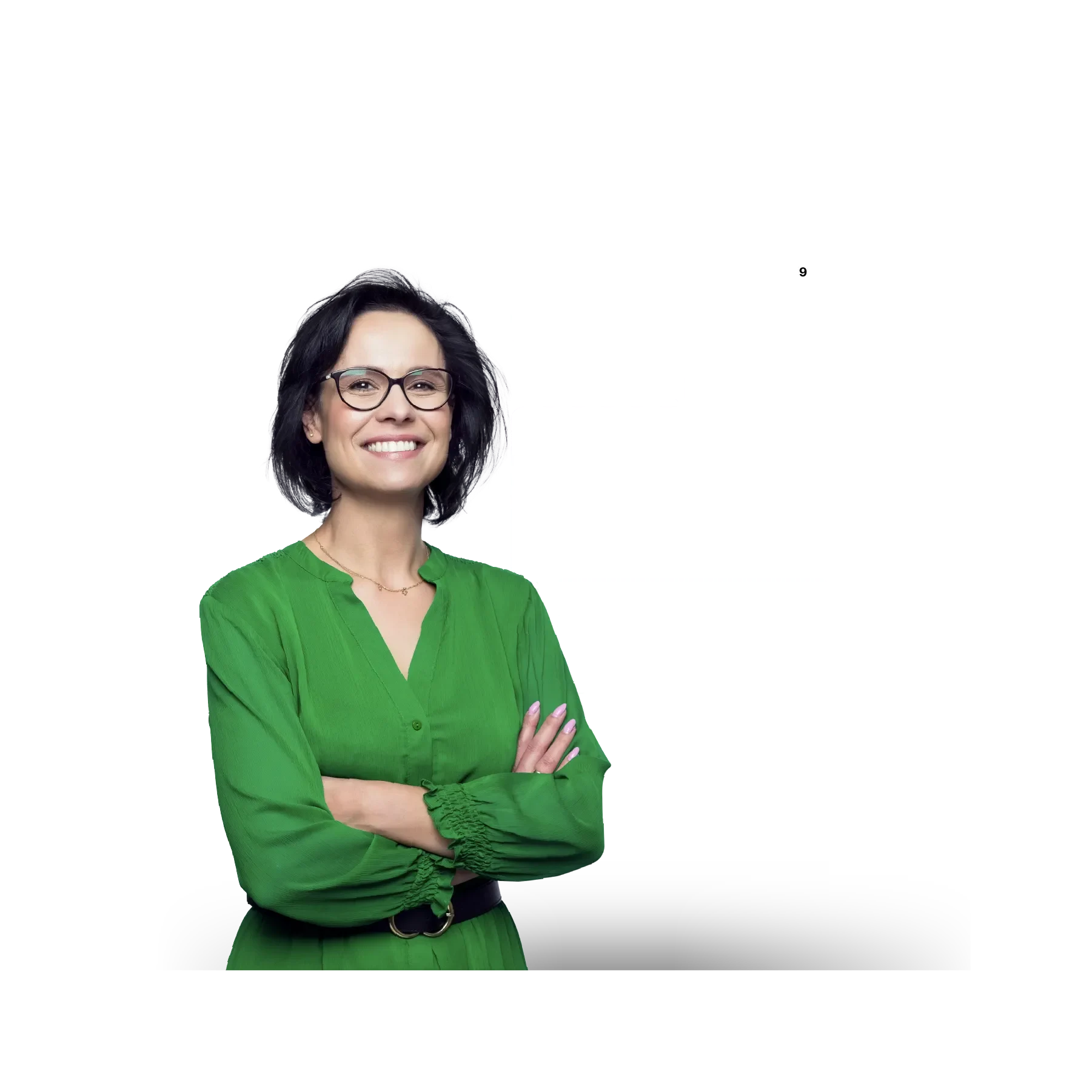 woman with green dress and customer information in the background