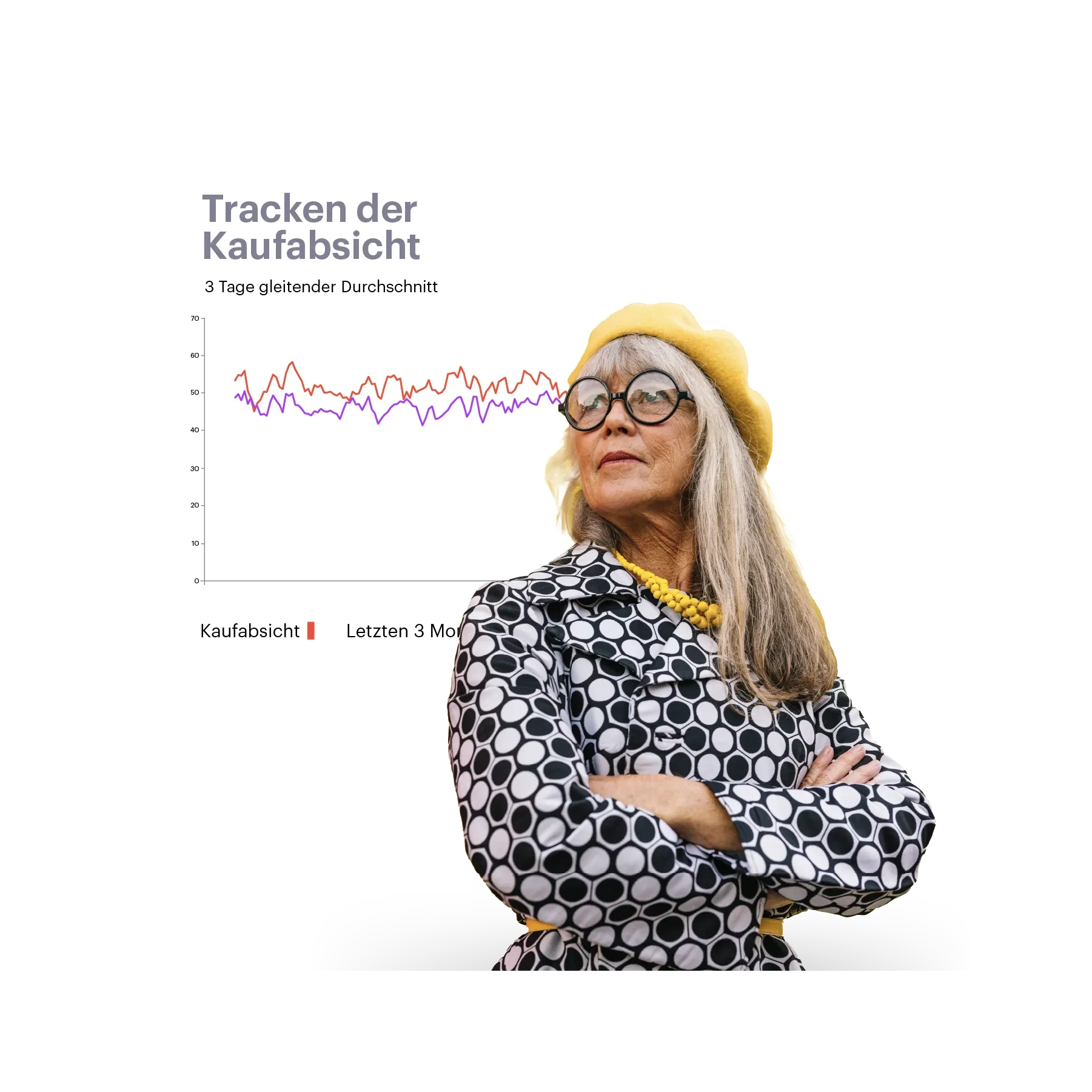 Ältere Frau mit grauen Haaren und Daten im Hintergrund