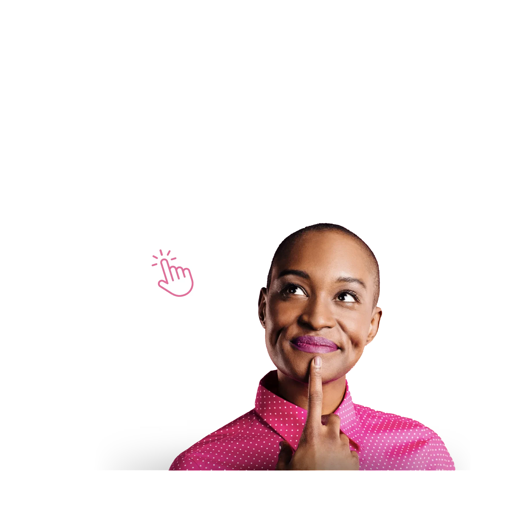 woman with pink shirt and and advert question in the background