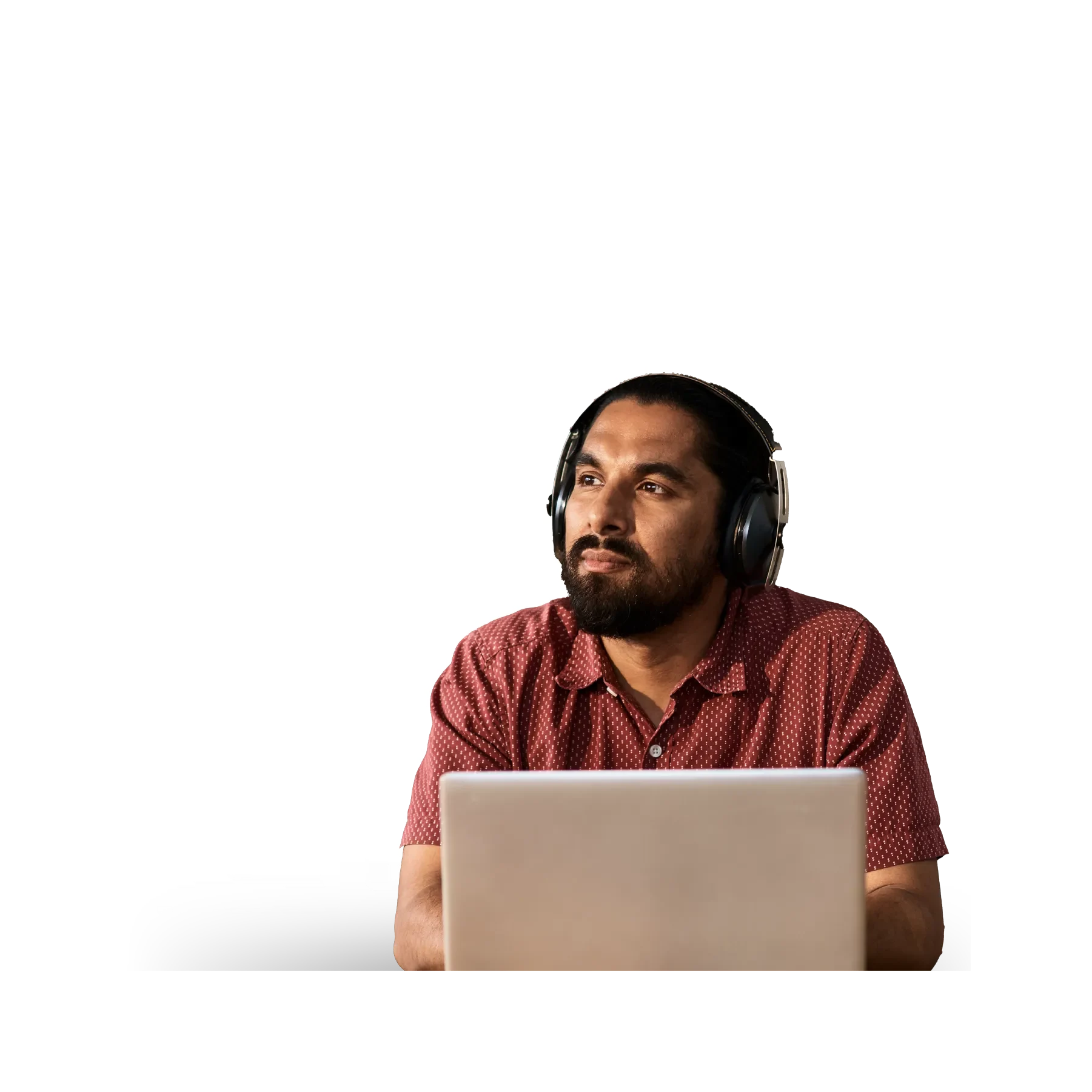 man with headphones and an advert question behind him