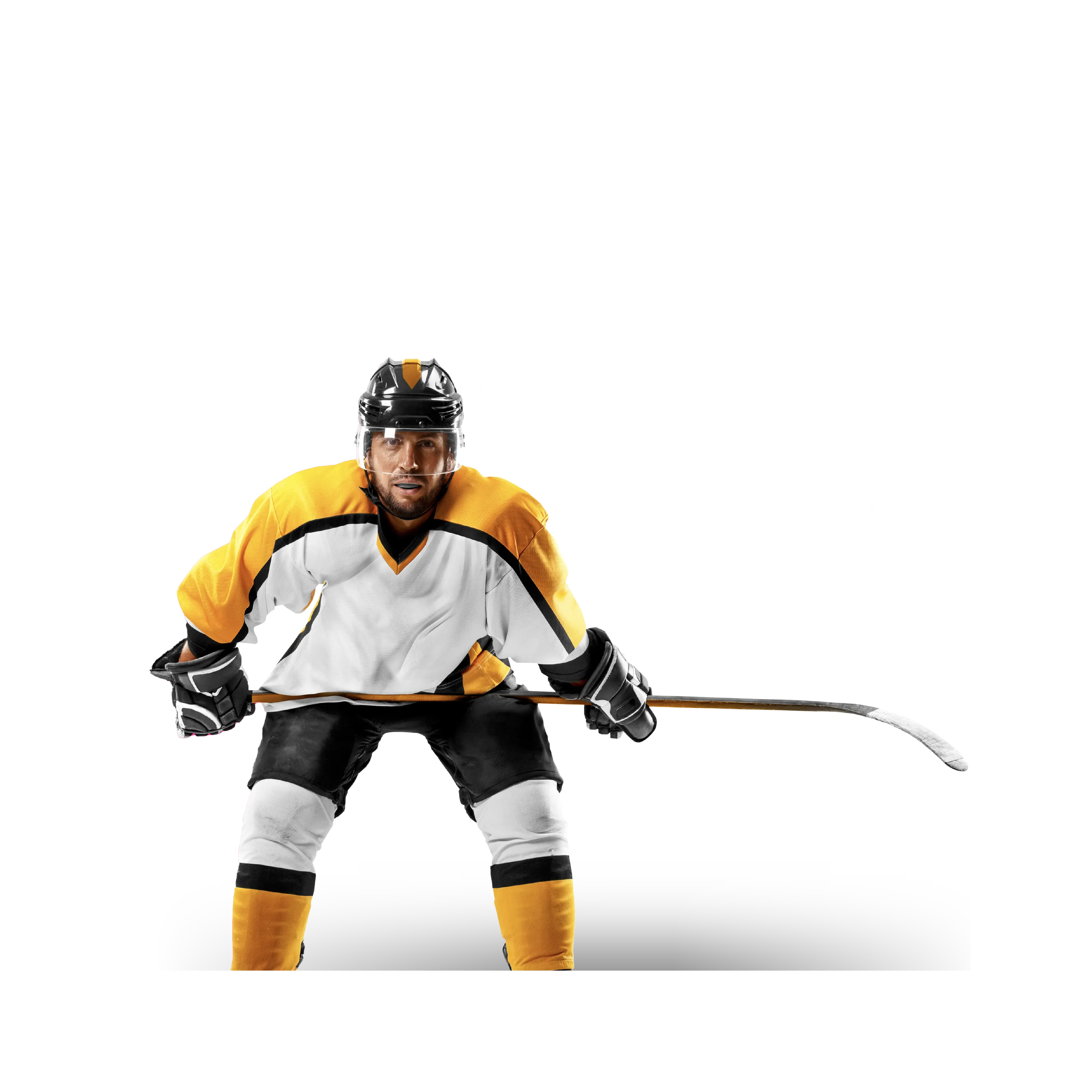 guy in hockey equipment with sports statistics behind him