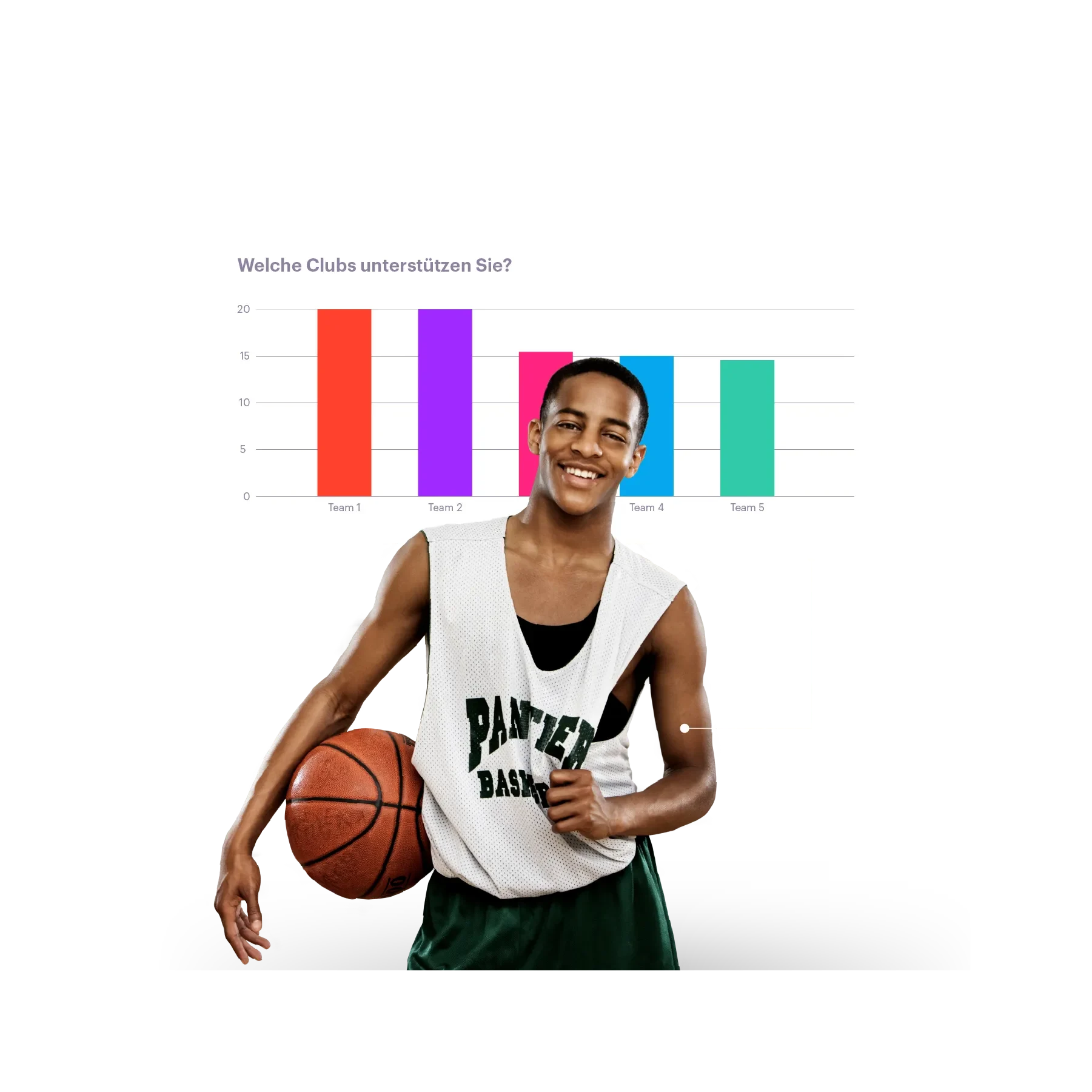 Mann mit Basketball und Sport-Outfit mit Daten im Hintergrund