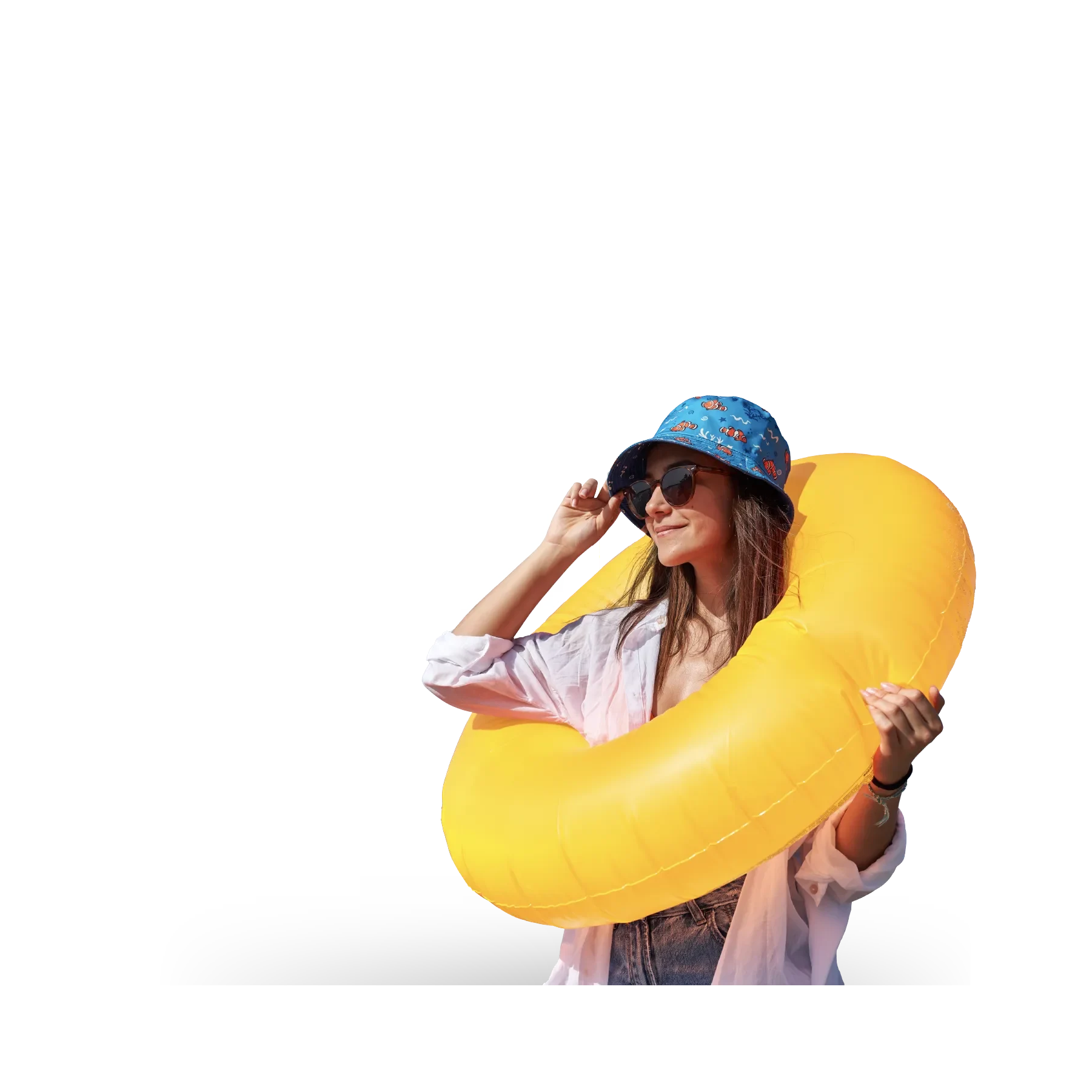 Frau mit gelbem Schwimmreifen und Daten im Hintergrund