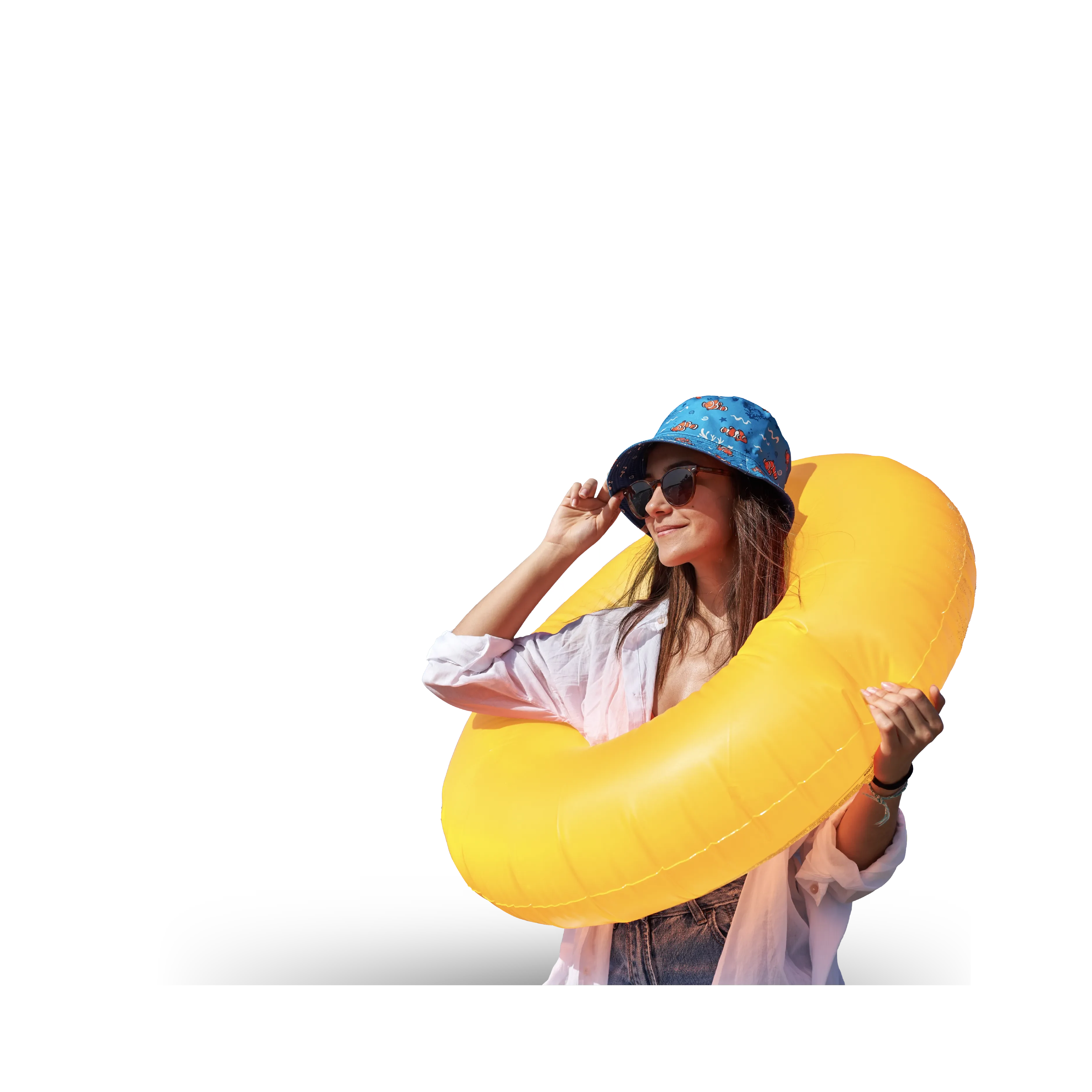 woman holding a swimming floatie with a travel pie chart behind her