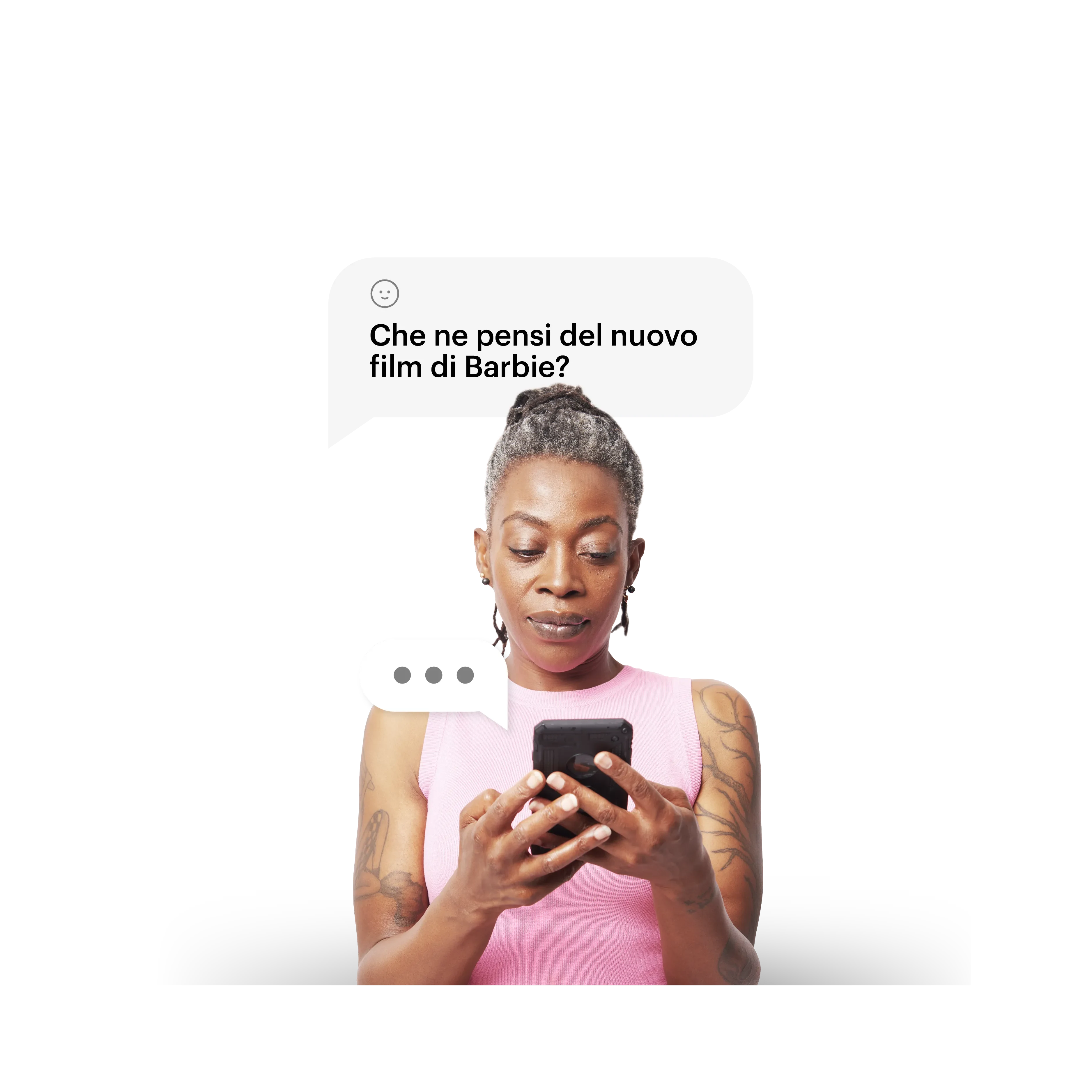 older woman with pink dress and a message pop up behind her