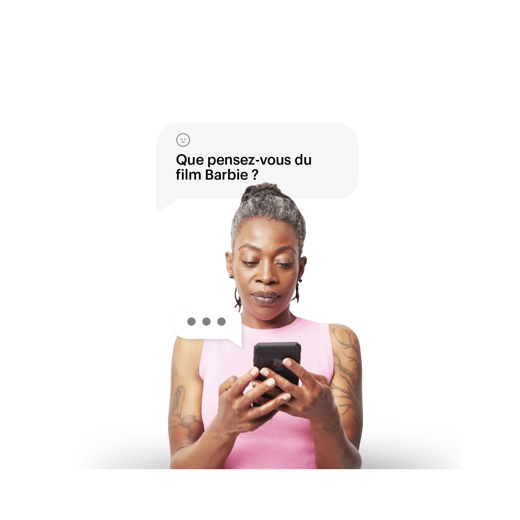 older woman with pink dress and a message pop up behind her