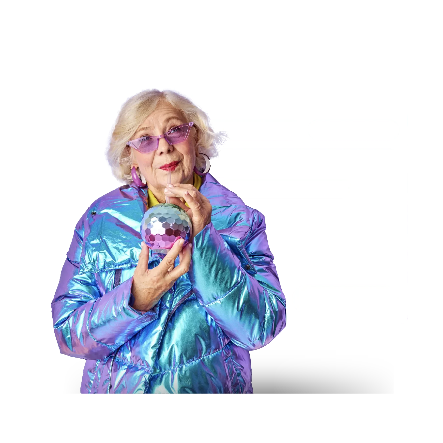 older lady with colorful jacket and demographic behind her