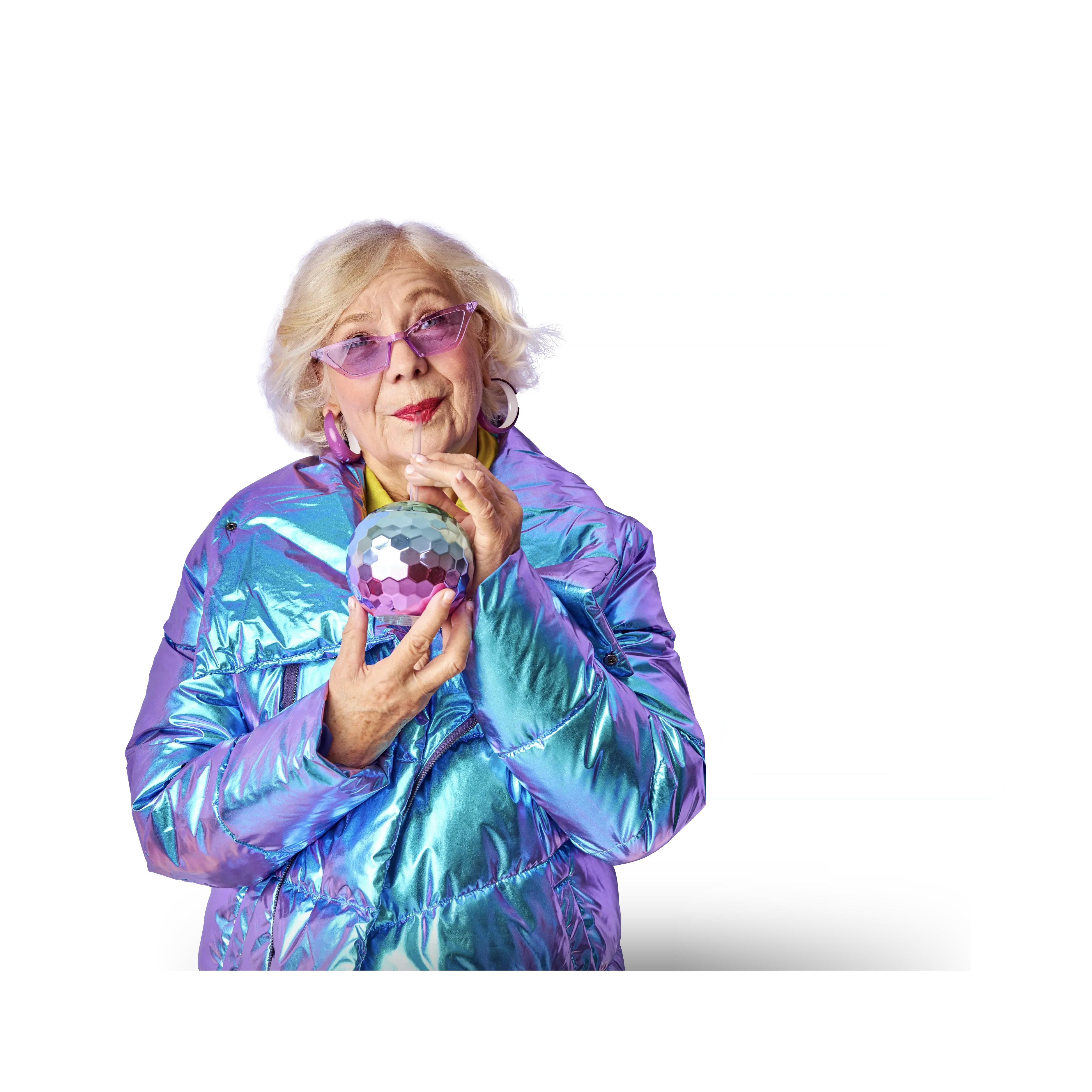 older lady with colorful jacket and demographic behind her