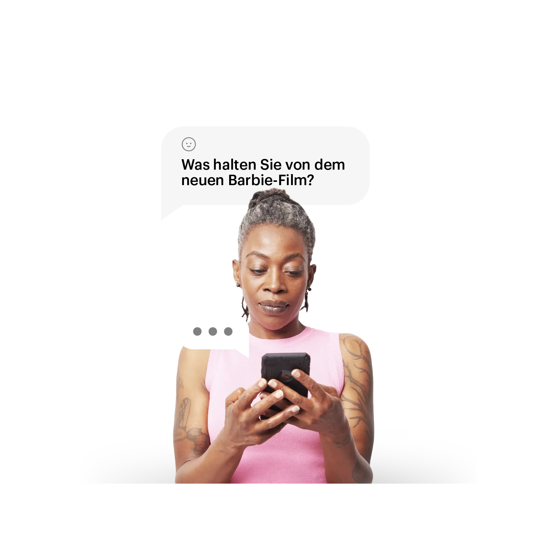 Frau mit Umfrage im Hintergrund