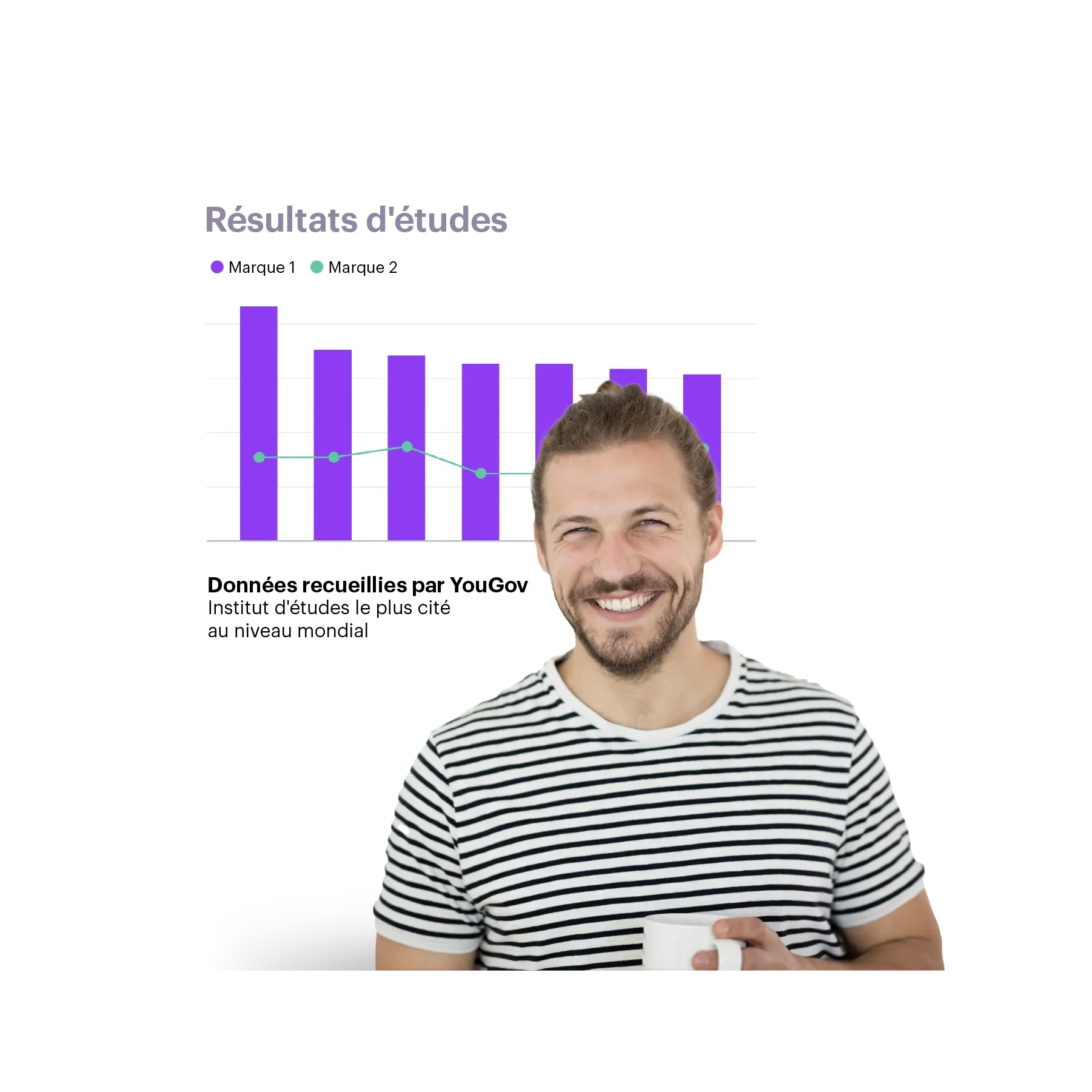 man in t-shirt with stripes and a results chart in the background