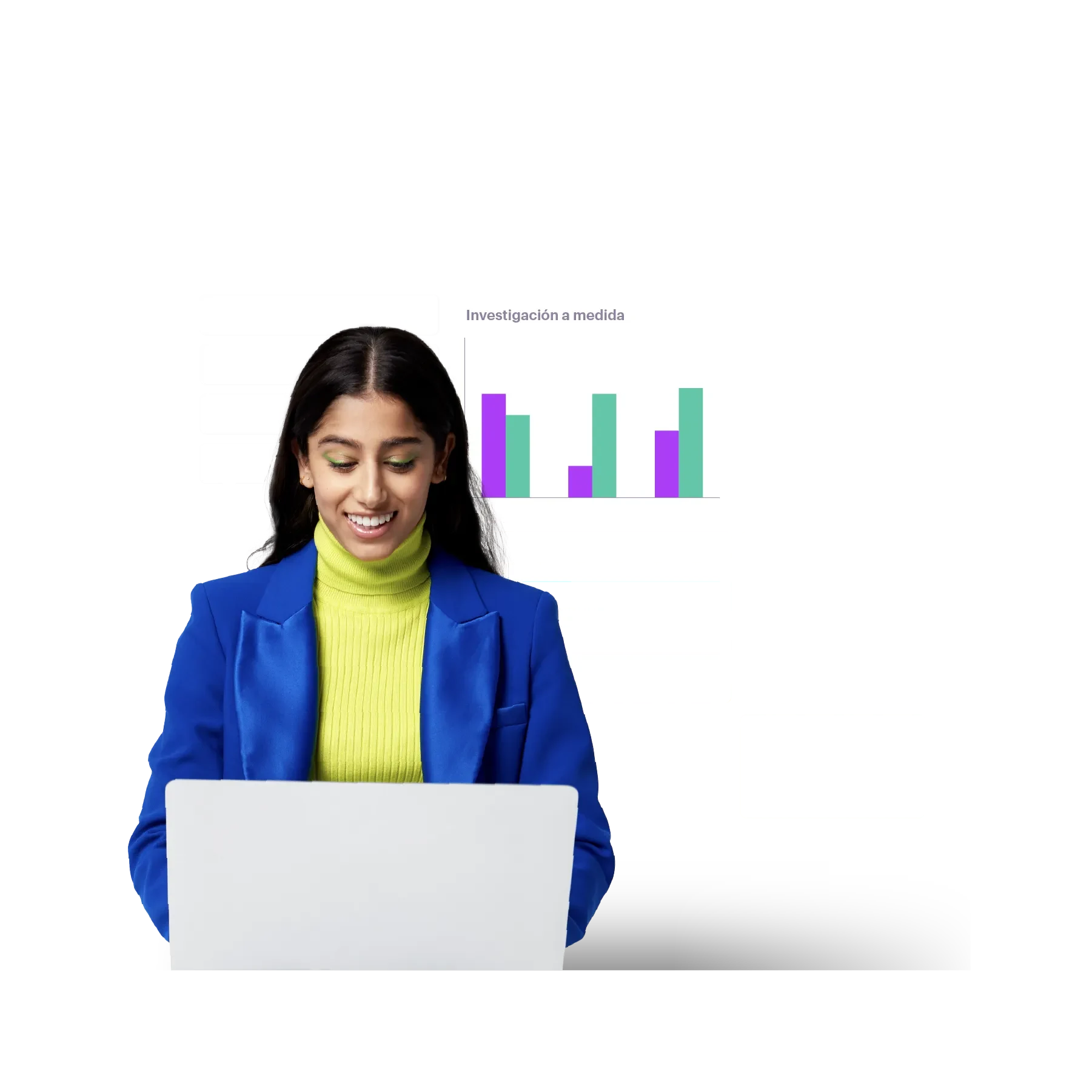 waman in blue blazer on her laptop with personalization data behind her