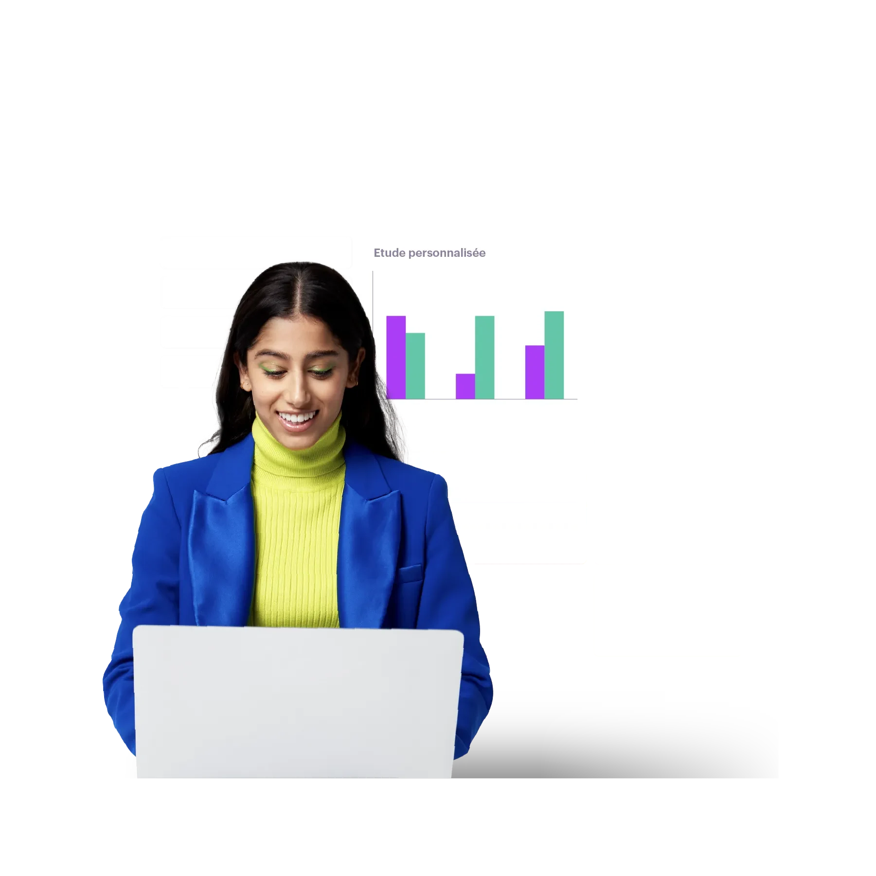 waman in blue blazer on her laptop with personalization data behind her