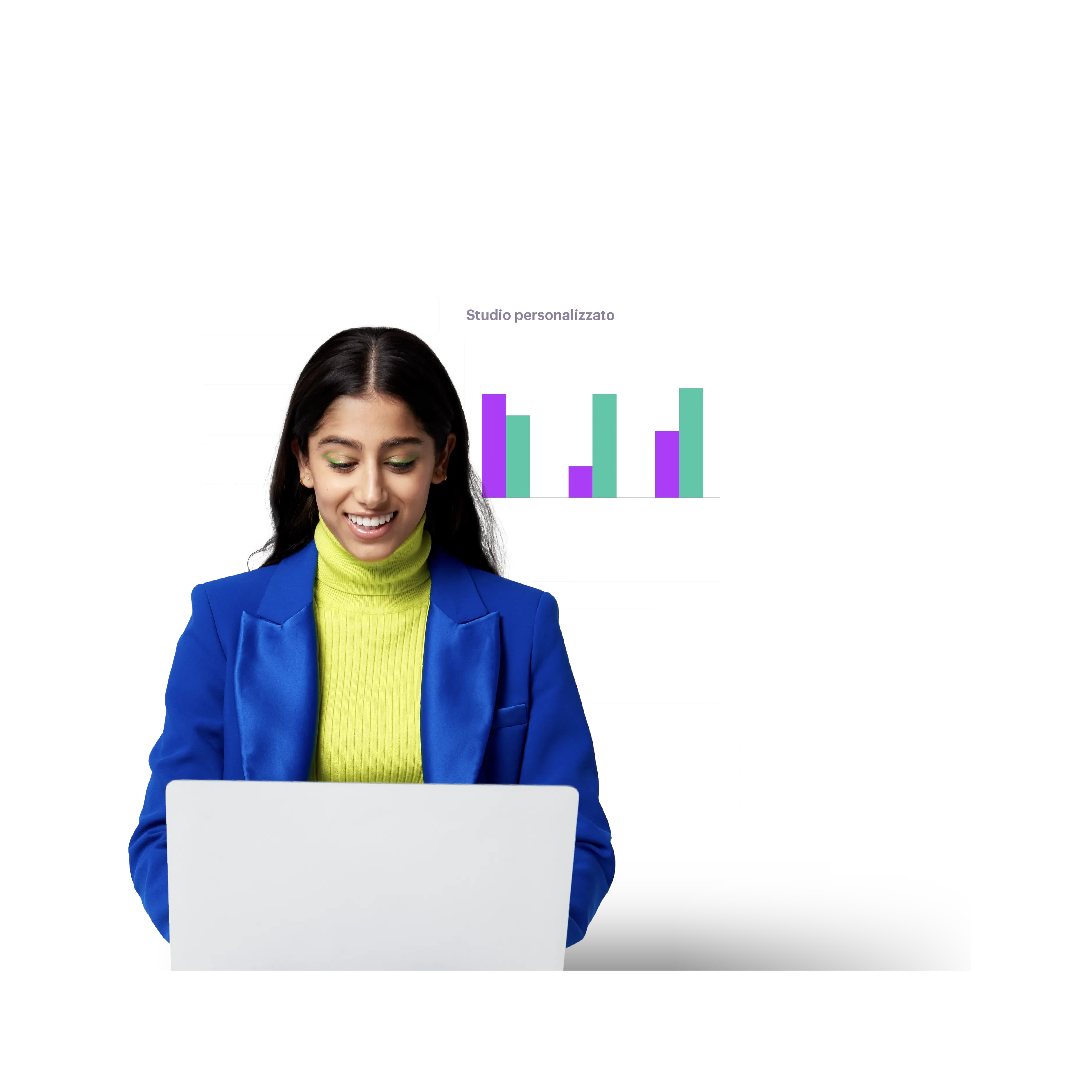 waman in blue blazer on her laptop with personalization data behind her