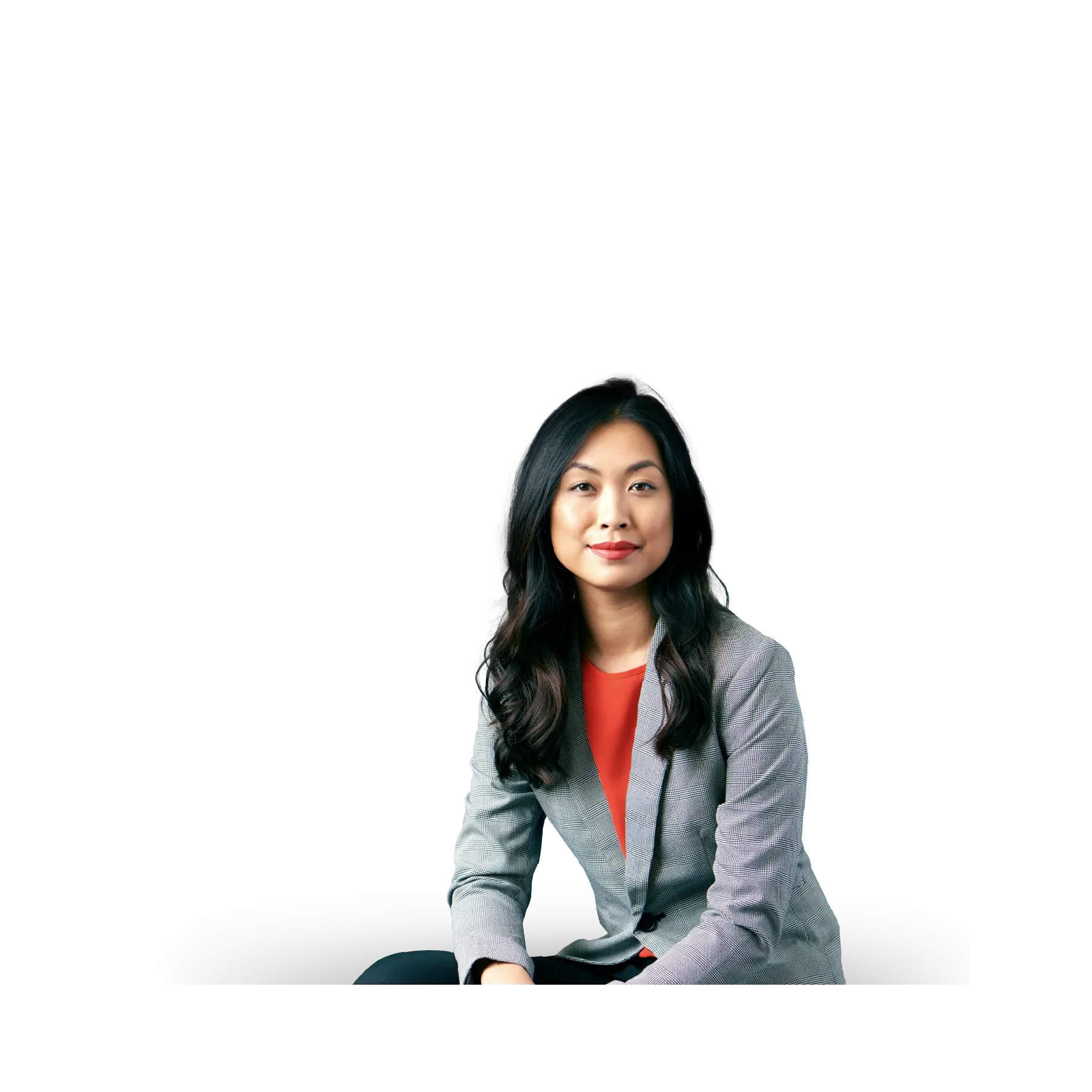 woman with grey blazer and research results in the background